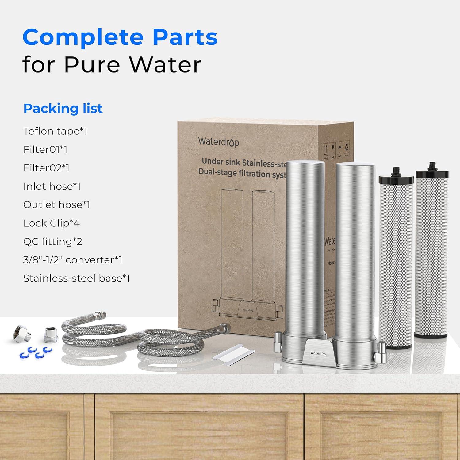 imageWaterdrop DST Under Sink Water Filter System Under Sink Water Filtration System NSF Certified Elements Reduce Chlorine PFOAPFOS Bad Taste ampamp Odor Silver Ions Enhanced Filtration Stainless SteelDual StageSilver Ions Enhanced Filtration