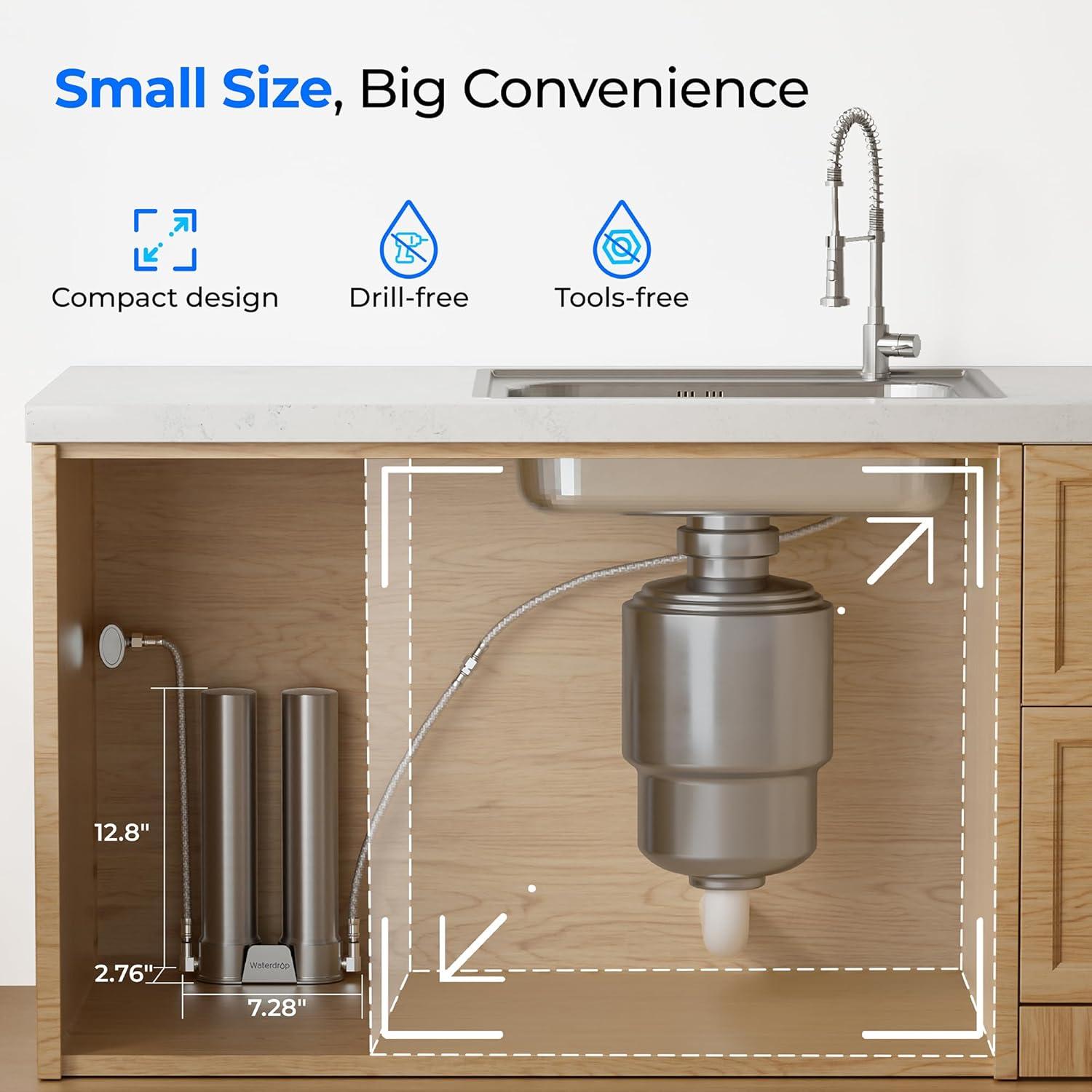imageWaterdrop DST Under Sink Water Filter System Under Sink Water Filtration System NSF Certified Elements Reduce Chlorine PFOAPFOS Bad Taste ampamp Odor Silver Ions Enhanced Filtration Stainless SteelDual StageSilver Ions Enhanced Filtration