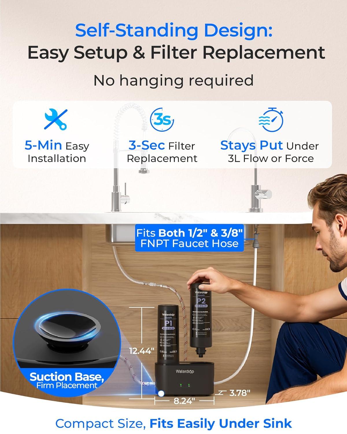 imageWaterdrop DST Under Sink Water Filter System Under Sink Water Filtration System NSF Certified Elements Reduce Chlorine PFOAPFOS Bad Taste ampamp Odor Silver Ions Enhanced Filtration Stainless SteelPitch BlackReduces PFOAPFOS