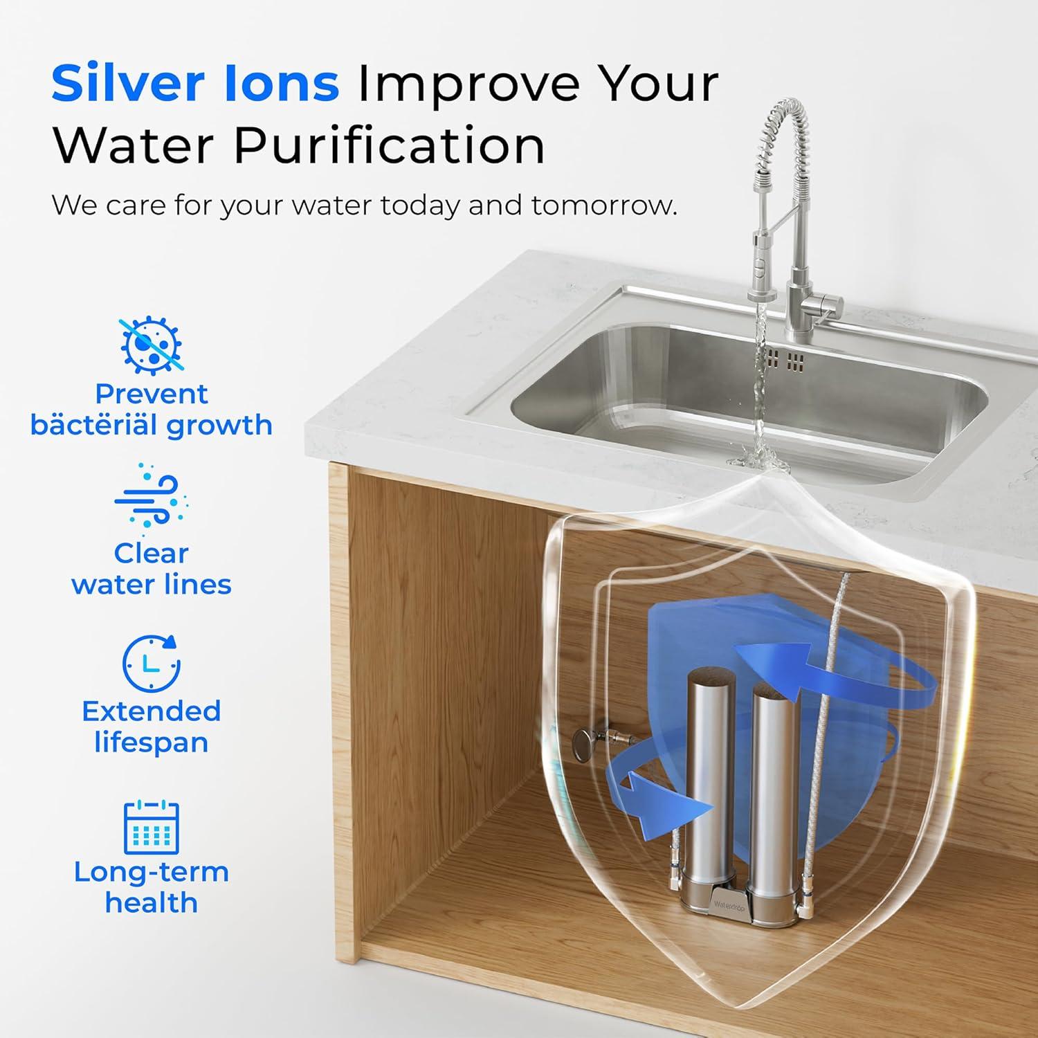 imageWaterdrop DST Under Sink Water Filter System Under Sink Water Filtration System NSF Certified Elements Reduce Chlorine PFOAPFOS Bad Taste ampamp Odor Silver Ions Enhanced Filtration Stainless SteelDual StageSilver Ions Enhanced Filtration