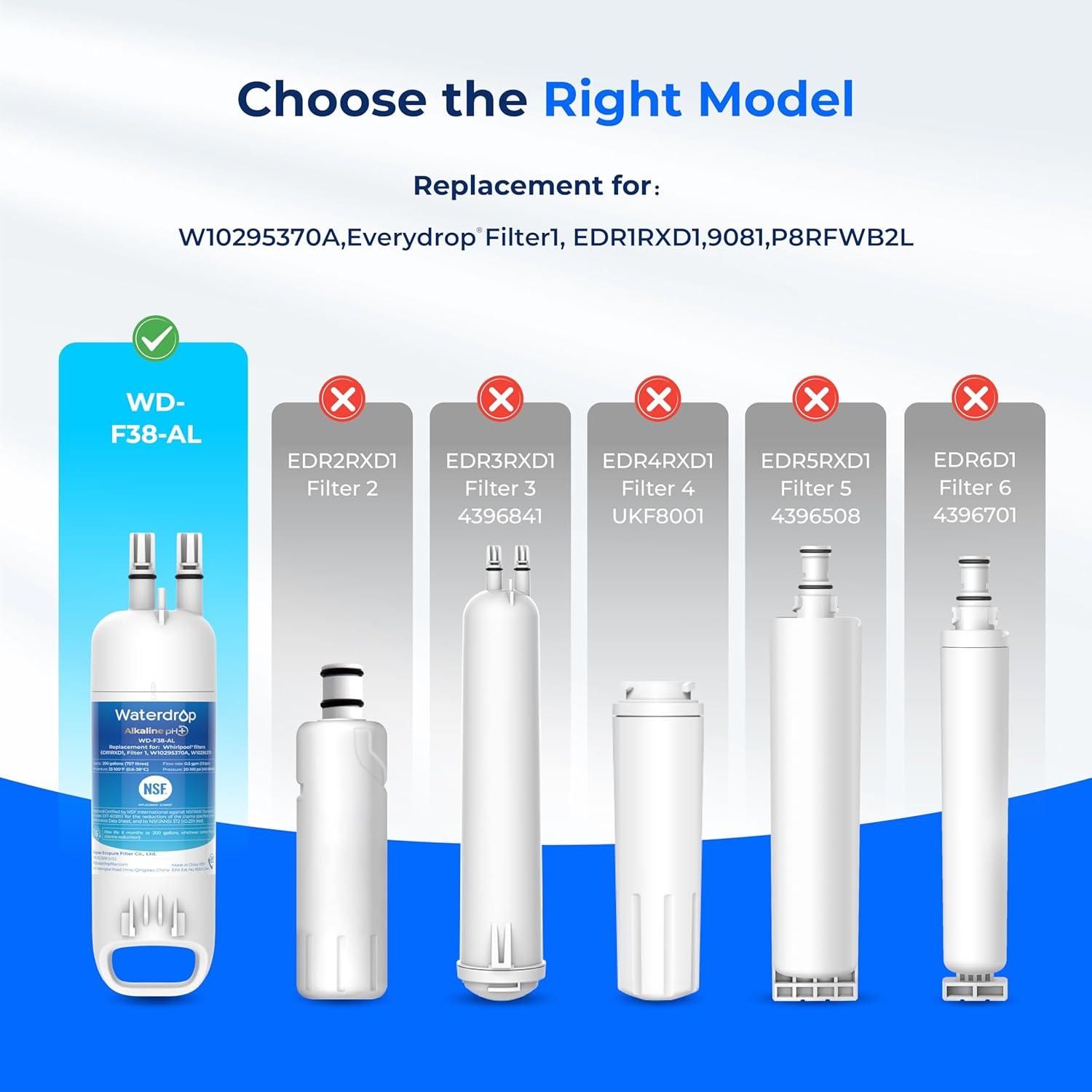 imageWaterdrop EDR1RXD1 Replacement for W10295370A Everydrop Filter 1 EDR1RXD1B P8RFWB2L P4RFWB Kenmore 469081 469930 WDF38 Refrigerator Water Filter 1 FilterAlkaline
