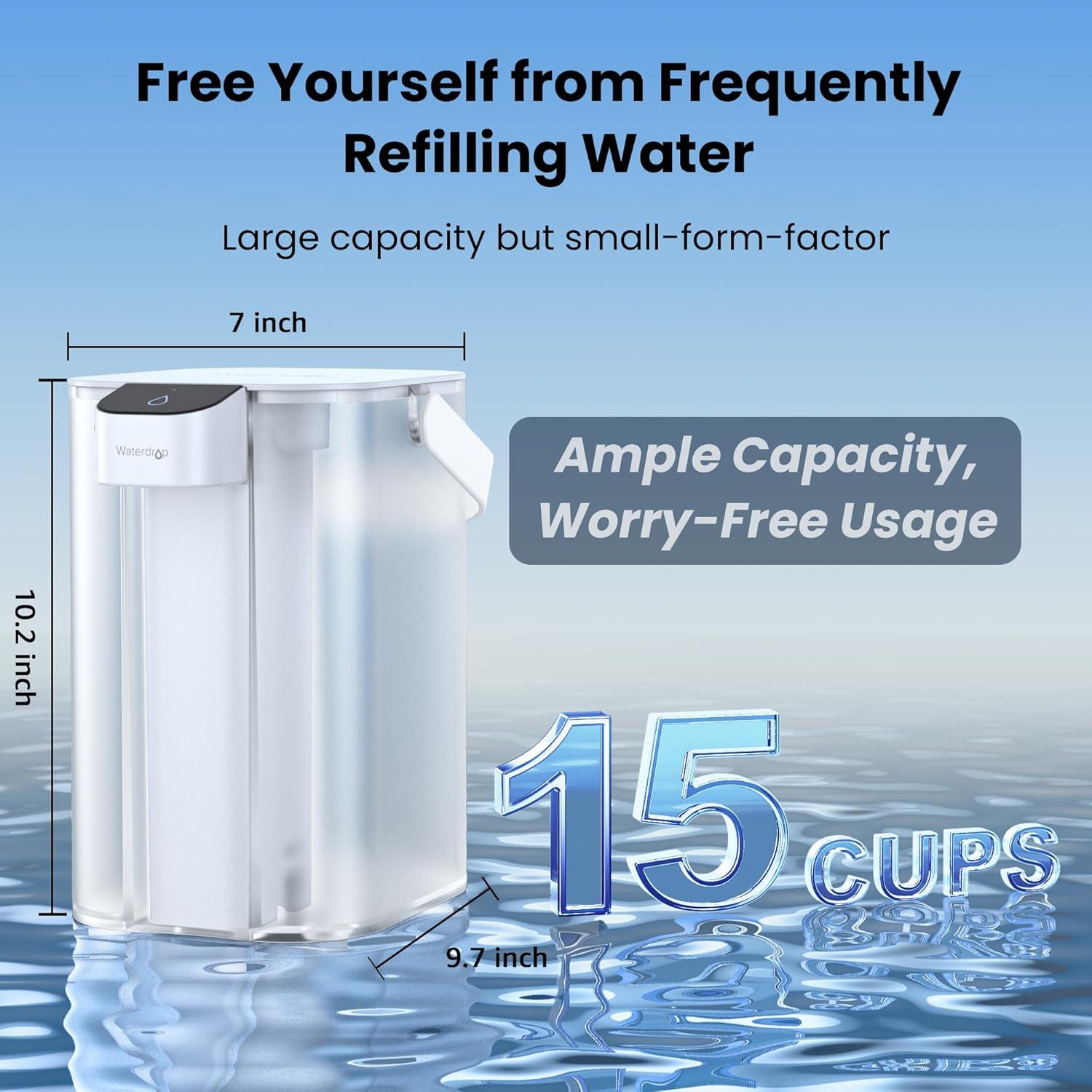 imageWaterdrop Electric Water Filter Pitcher Rechargeable Water Dispenser Instant 15Cup Countertop Purifier NSFANSI 401ampamp53ampamp42ampamp372 Reduce PFAS Lead Chlorine White with 1 Filter Does not Lower TDS