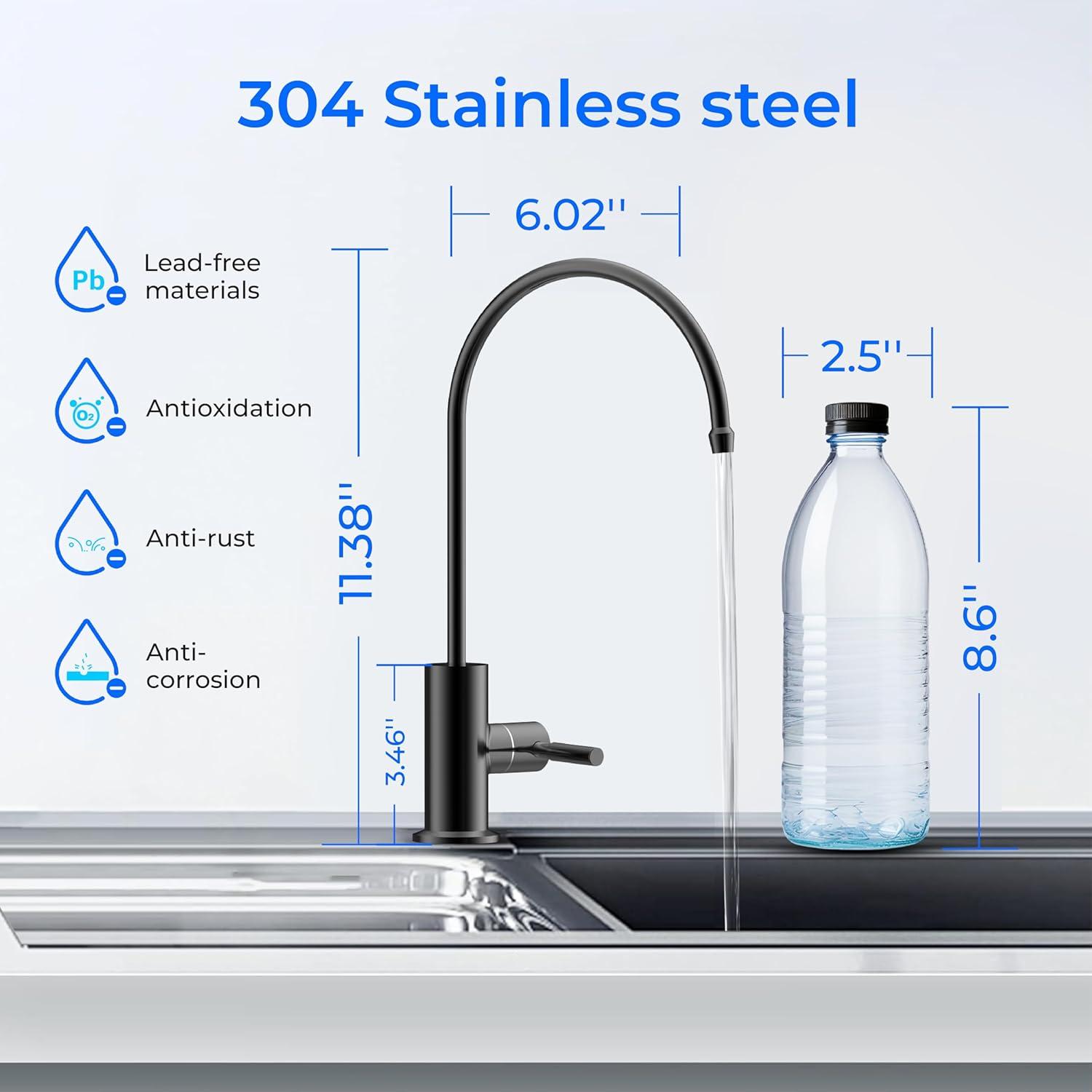 imageWaterdrop Filtered Water Faucet Drinking Water Faucet Reverse Osmosis Faucet RO Faucet Water Filter Faucet for Kitchen Sink Water Dispenser Faucet Stainless Steel LeadFreeBLK