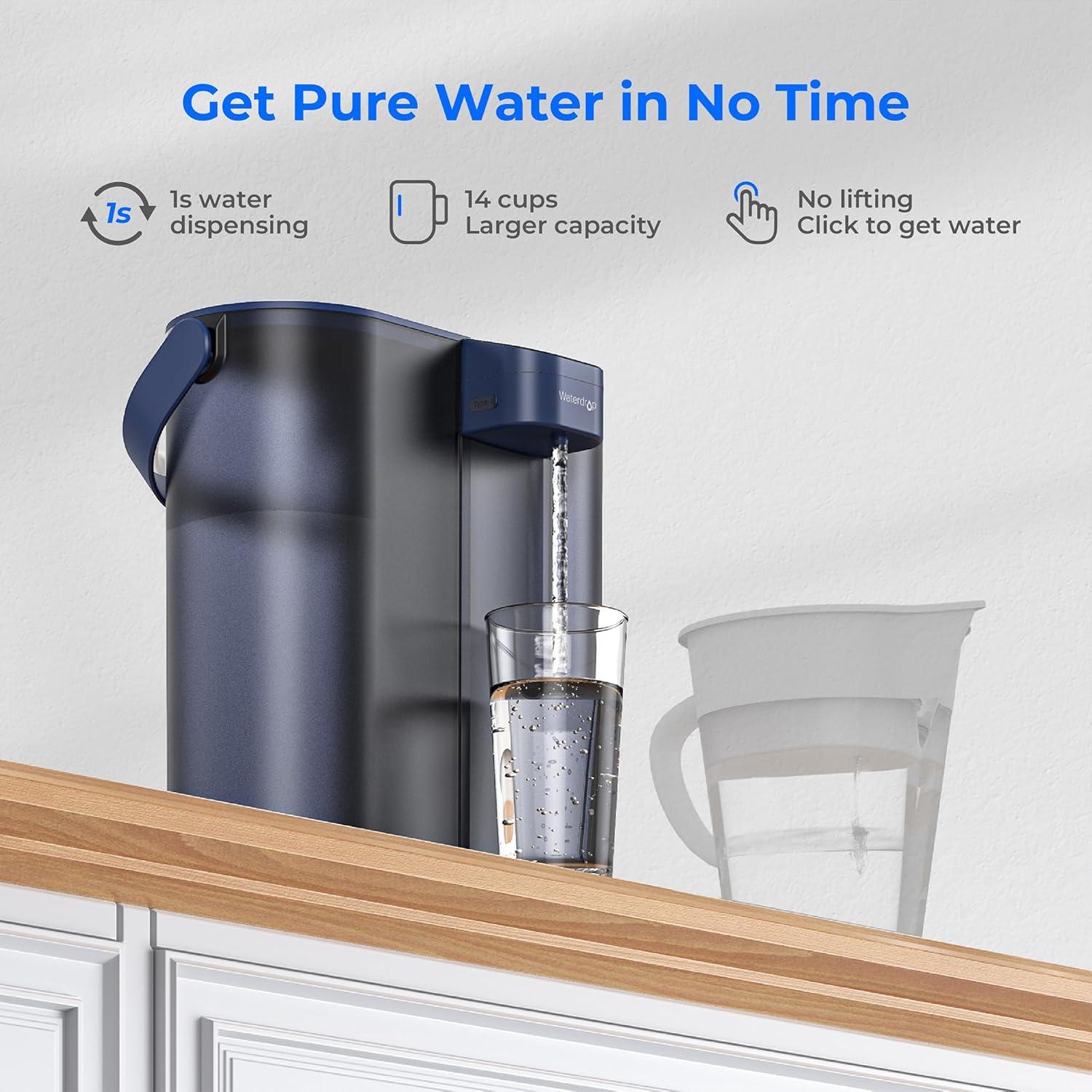 imageWaterdrop FreshTaste Instant Water Filter Pitcher Rechargeable Powerful Dispenser Reduce Chlorine Lead Copper Purify Soften Water 17Cup White Does not Lower TDSMidnight Blue