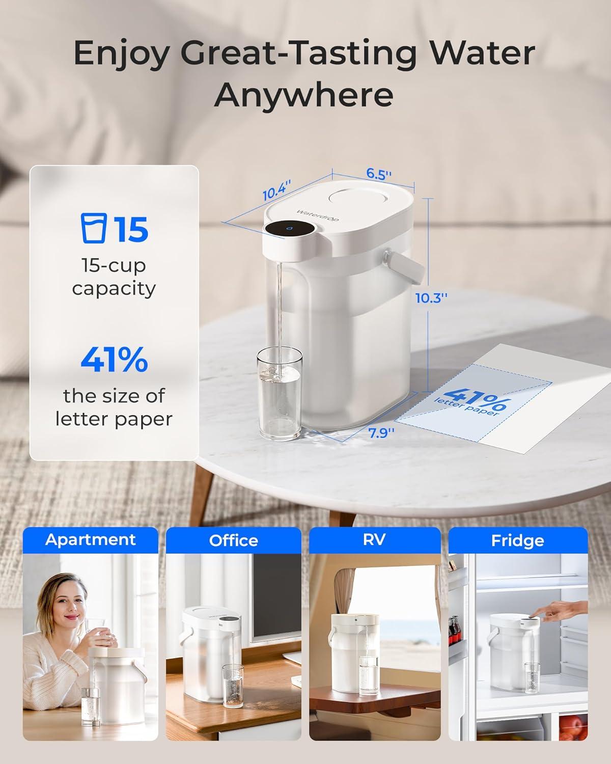 imageWaterdrop FreshTaste Instant Water Filter Pitcher Rechargeable Powerful Dispenser Reduce Chlorine Lead Copper Purify Soften Water 17Cup White Does not Lower TDSAdvanced White