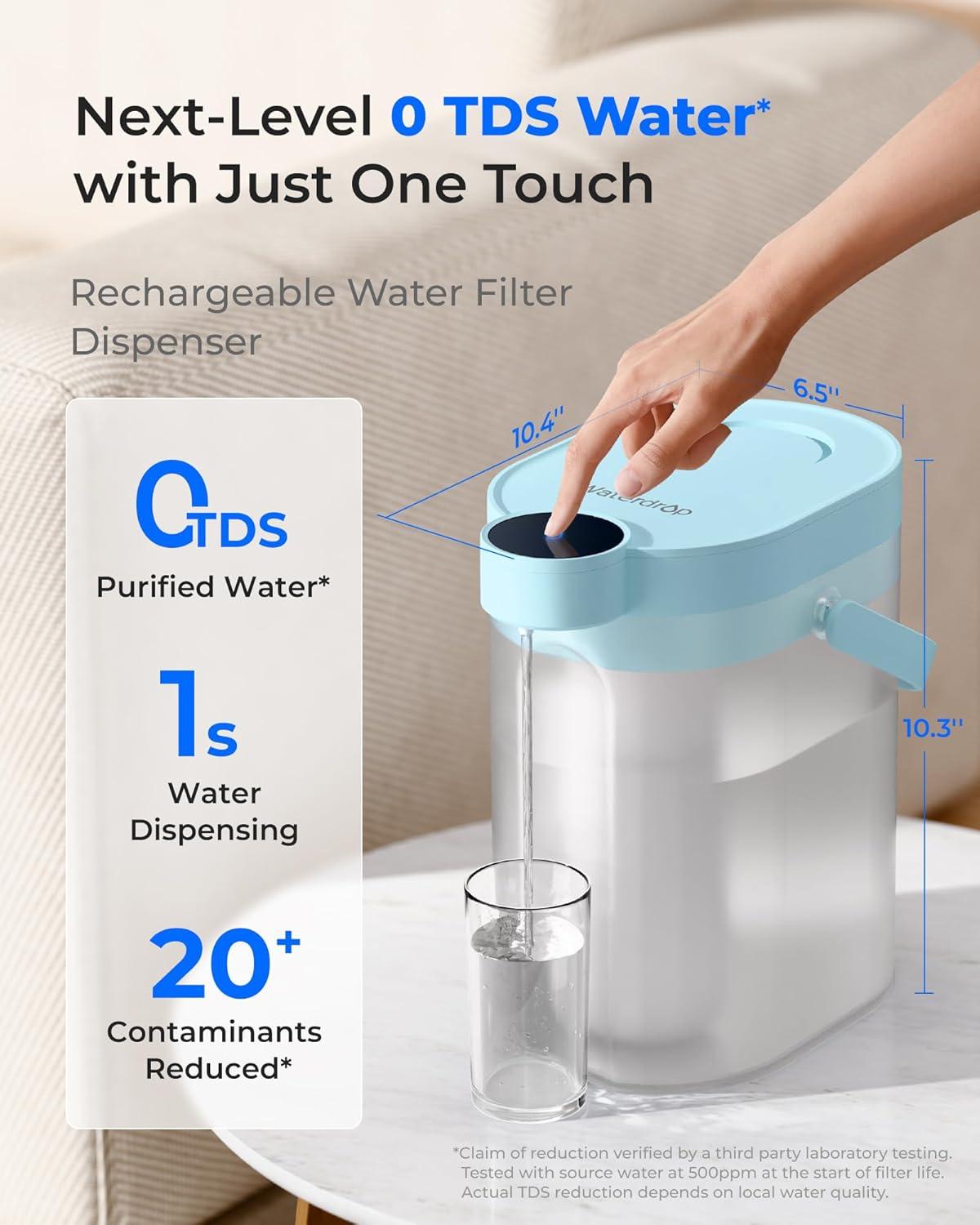 imageWaterdrop FreshTaste Instant Water Filter Pitcher Rechargeable Powerful Dispenser Reduce Chlorine Lead Copper Purify Soften Water 17Cup White Does not Lower TDSSky blue