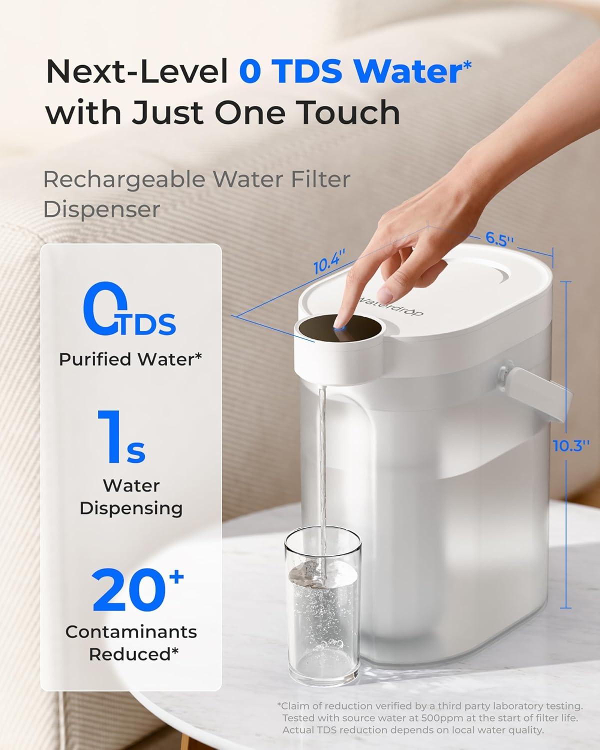 imageWaterdrop FreshTaste Instant Water Filter Pitcher Rechargeable Powerful Dispenser Reduce Chlorine Lead Copper Purify Soften Water 17Cup White Does not Lower TDSAdvanced White