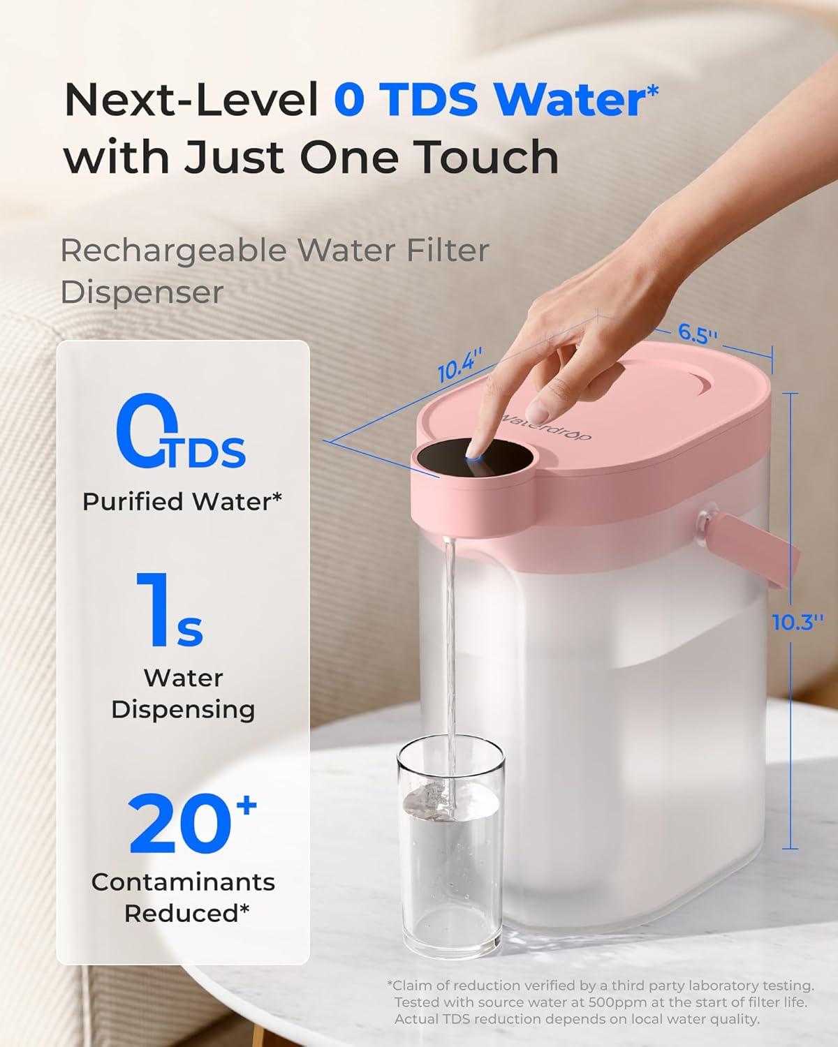 imageWaterdrop FreshTaste Instant Water Filter Pitcher Rechargeable Powerful Dispenser Reduce Chlorine Lead Copper Purify Soften Water 17Cup White Does not Lower TDSBlush pink