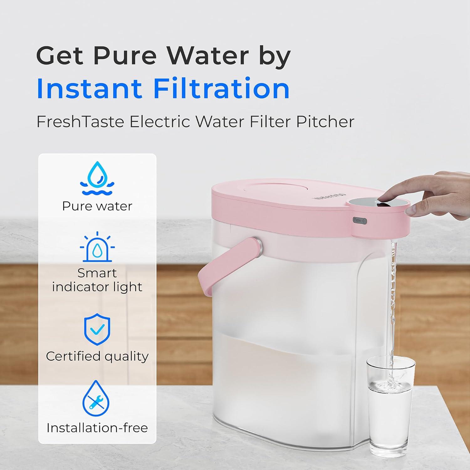 imageWaterdrop FreshTaste Instant Water Filter Pitcher Rechargeable Powerful Dispenser Reduce Chlorine Lead Copper Purify Soften Water 17Cup White Does not Lower TDSBlush pink