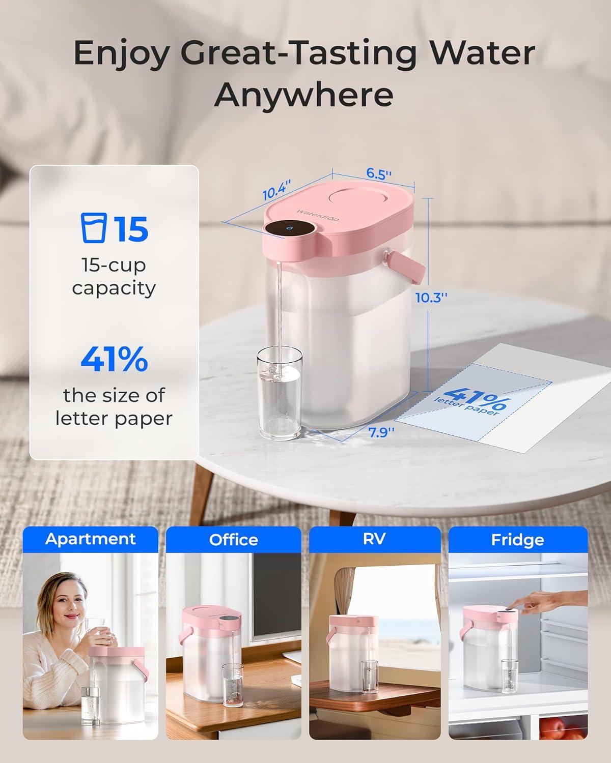 imageWaterdrop FreshTaste Instant Water Filter Pitcher Rechargeable Powerful Dispenser Reduce Chlorine Lead Copper Purify Soften Water 17Cup White Does not Lower TDSBlush pink