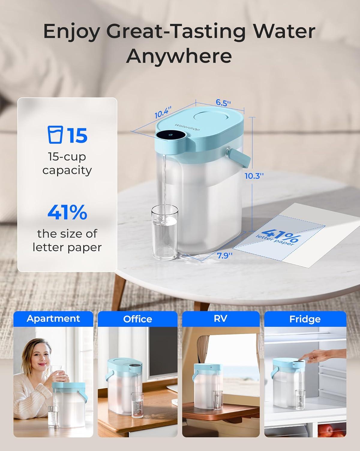 imageWaterdrop FreshTaste Instant Water Filter Pitcher Rechargeable Powerful Dispenser Reduce Chlorine Lead Copper Purify Soften Water 17Cup White Does not Lower TDSSky blue