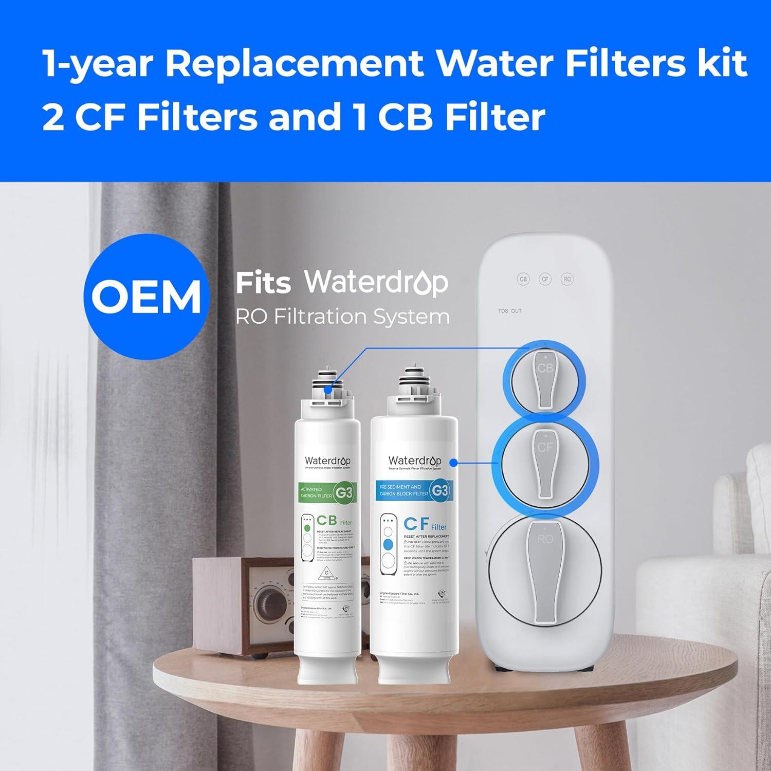 imageWaterdrop G3 Replacement Filter 1Year Combo Pack of 2 WDG3CF Filters and 1 WDG3CB Filter Replacement for WDG3W WDG3P600 and WDG3P800W Reverse Osmosis System