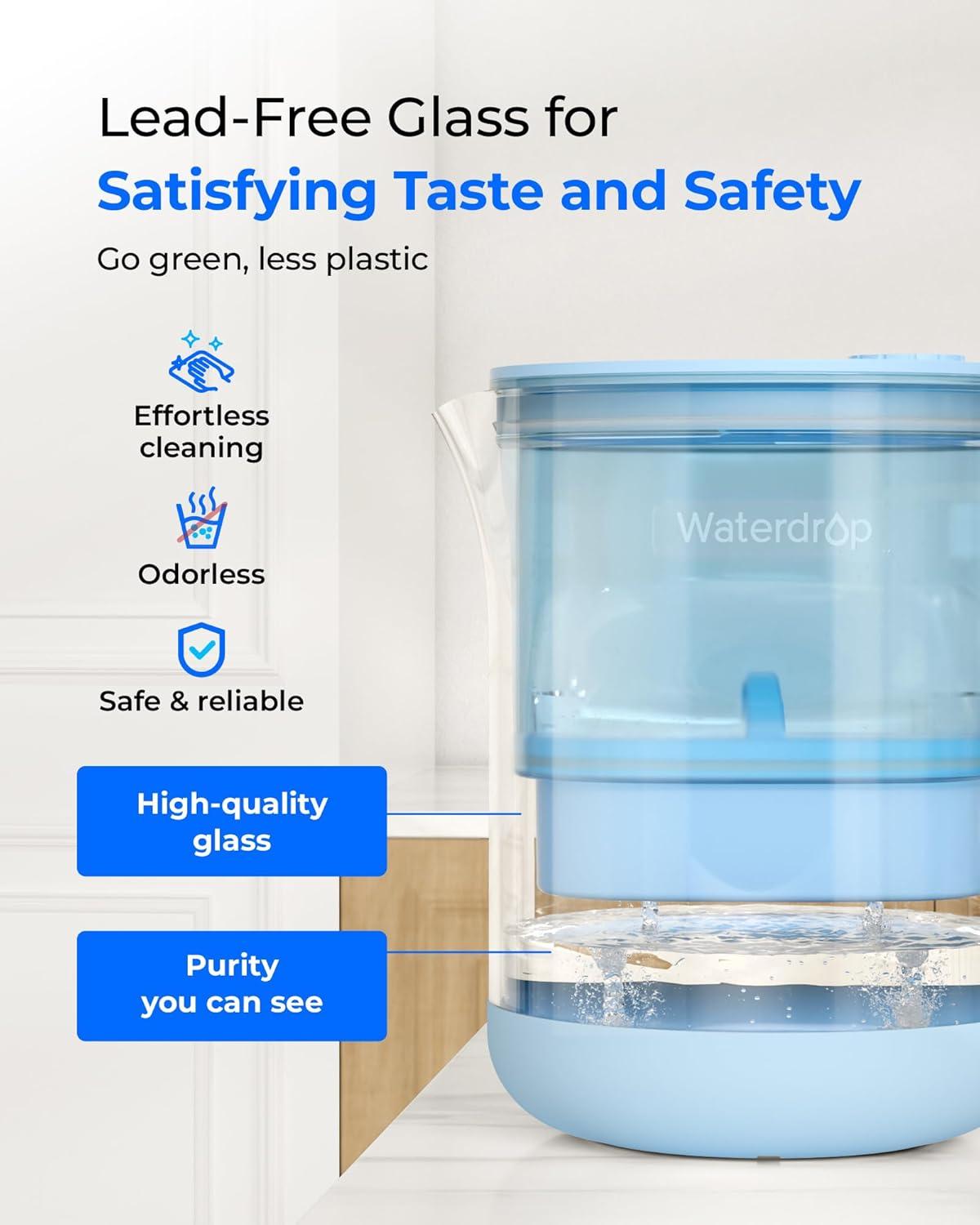 imageWaterdrop Glass Water Filter Pitcher with 1 Filter EcoFriendly with NSF 53ampamp42ampamp372 Certified Filter 7Cup Reduces PFOAPFOS Chlorine Cadmium Copper Mercury BPA Free Easy to Clean WhiteBlue