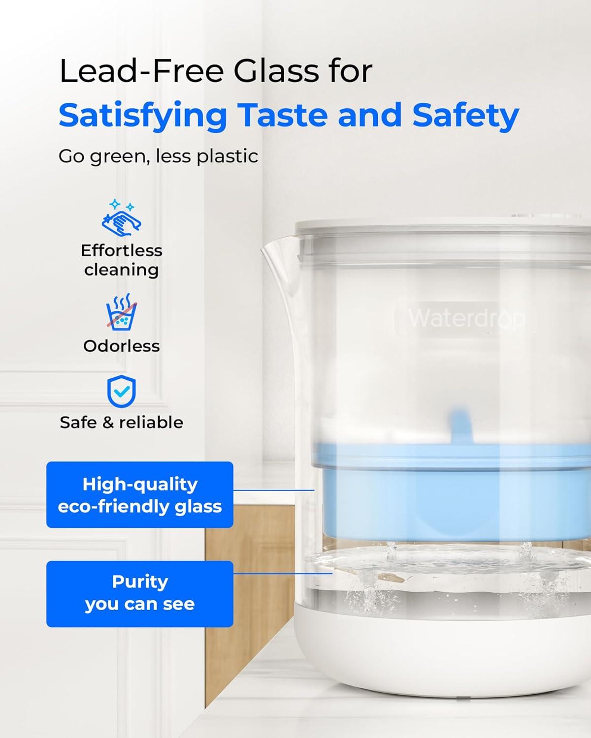 imageWaterdrop Glass Water Filter Pitcher with 1 Filter EcoFriendly with NSF 53ampamp42ampamp372 Certified Filter 7Cup Reduces PFOAPFOS Chlorine Cadmium Copper Mercury BPA Free Easy to Clean WhiteClear