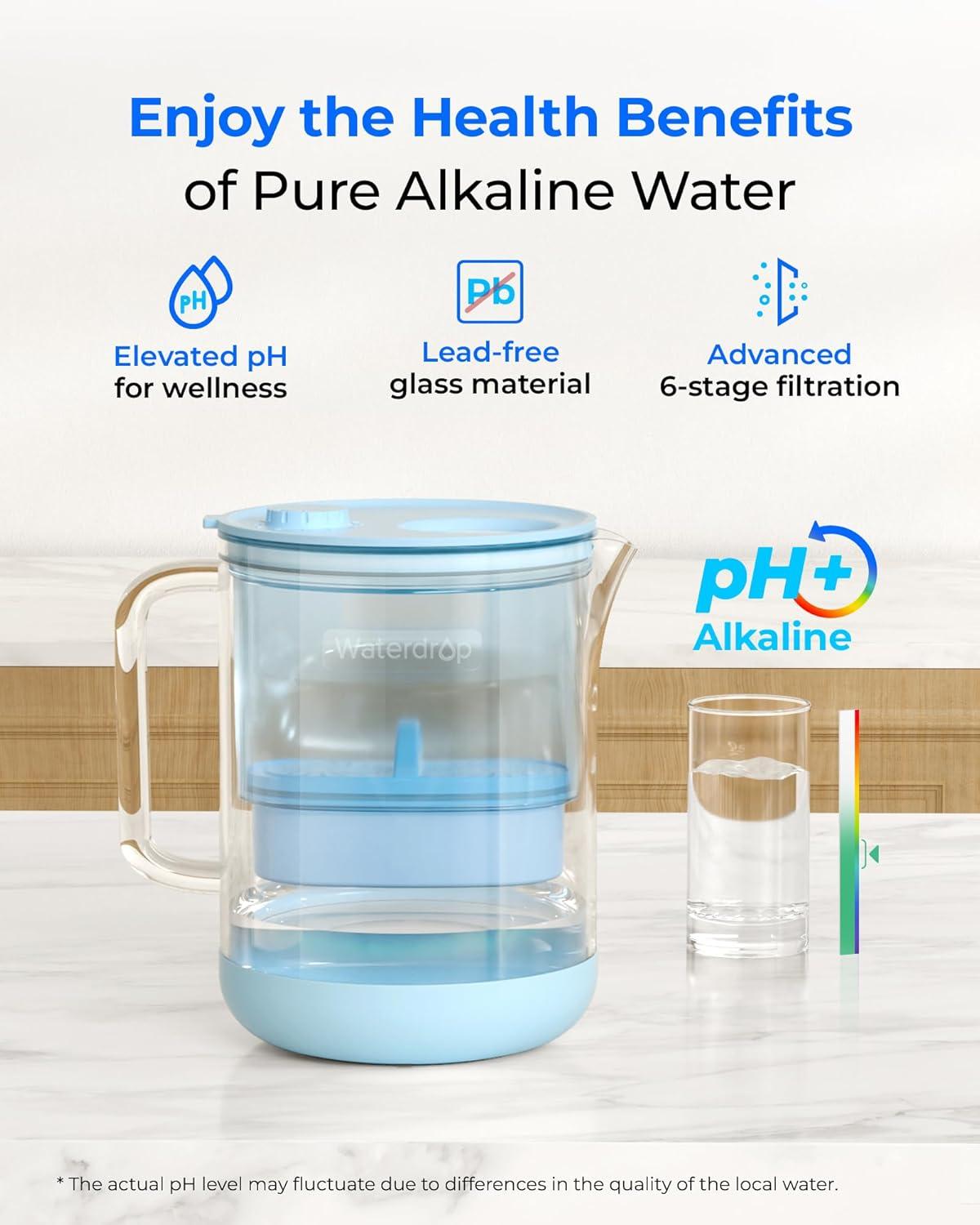 imageWaterdrop Glass Water Filter Pitcher with 1 Filter EcoFriendly with NSF 53ampamp42ampamp372 Certified Filter 7Cup Reduces PFOAPFOS Chlorine Cadmium Copper Mercury BPA Free Easy to Clean WhiteBlue