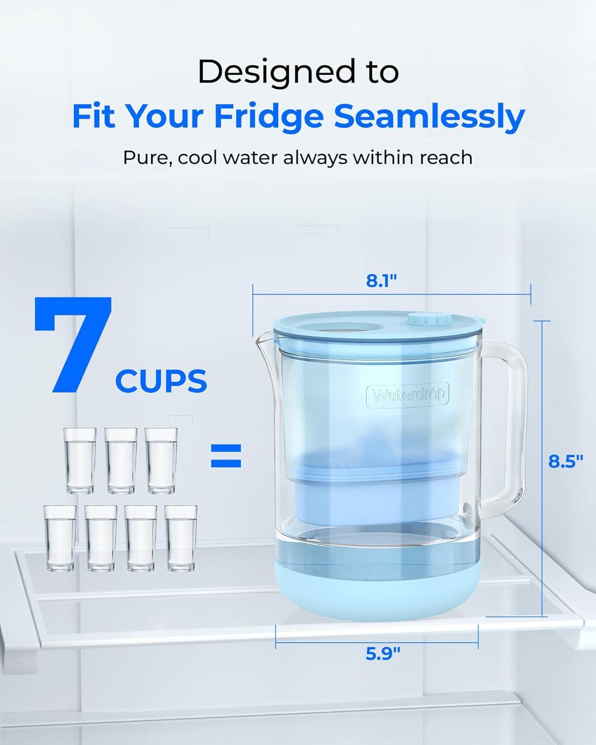 imageWaterdrop Glass Water Filter Pitcher with 1 Filter EcoFriendly with NSF 53ampamp42ampamp372 Certified Filter 7Cup Reduces PFOAPFOS Chlorine Cadmium Copper Mercury BPA Free Easy to Clean WhiteBlue