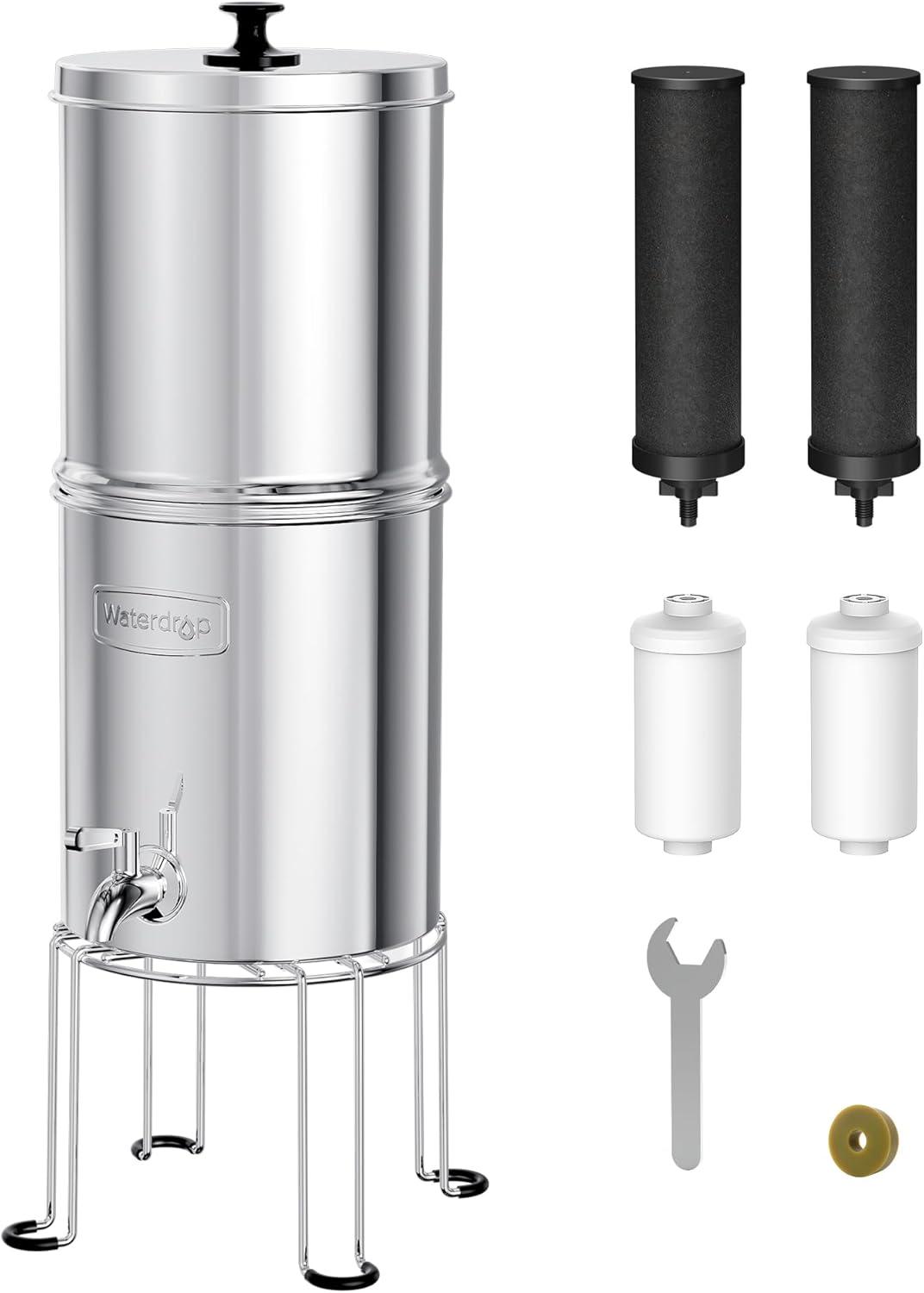imageWaterdrop Gravityfed Water Filter System 225G StainlessSteel System with 4 Filters Metal Water Level Spigot and Stand NSFANSI 42ampamp372 Standard Reduces ChlorineKing Tank for Emergencies15G