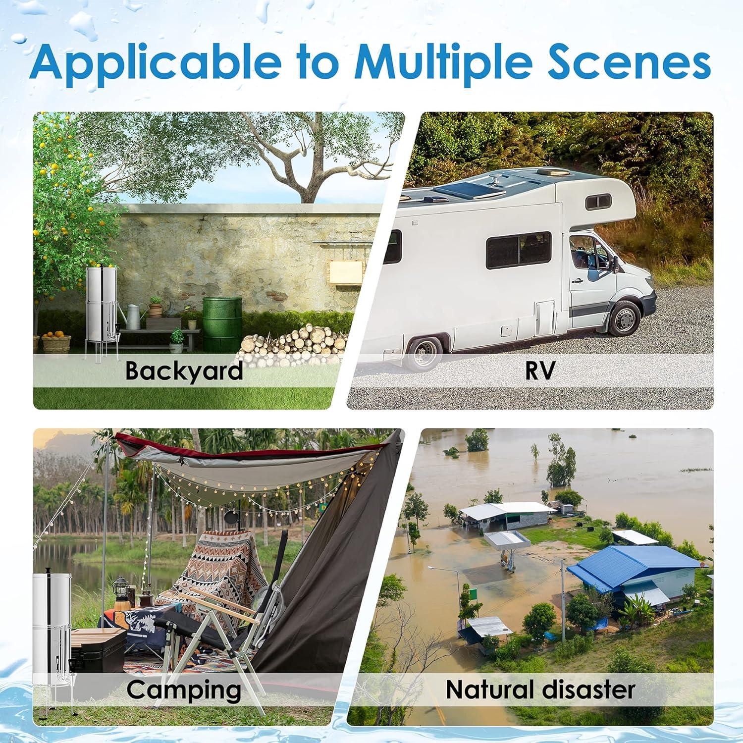 imageWaterdrop Gravityfed Water Filter System 225G StainlessSteel System with 4 Filters Metal Water Level Spigot and Stand NSFANSI 42ampamp372 Standard Reduces ChlorineKing Tank for Emergencies225G