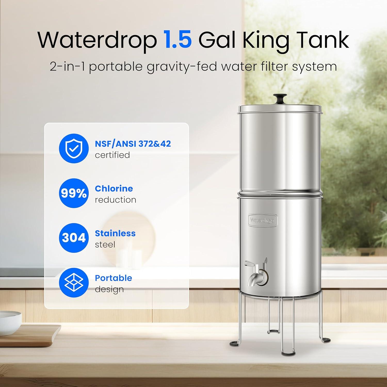 imageWaterdrop Gravityfed Water Filter System 225G StainlessSteel System with 4 Filters Metal Water Level Spigot and Stand NSFANSI 42ampamp372 Standard Reduces ChlorineKing Tank for Emergencies15G