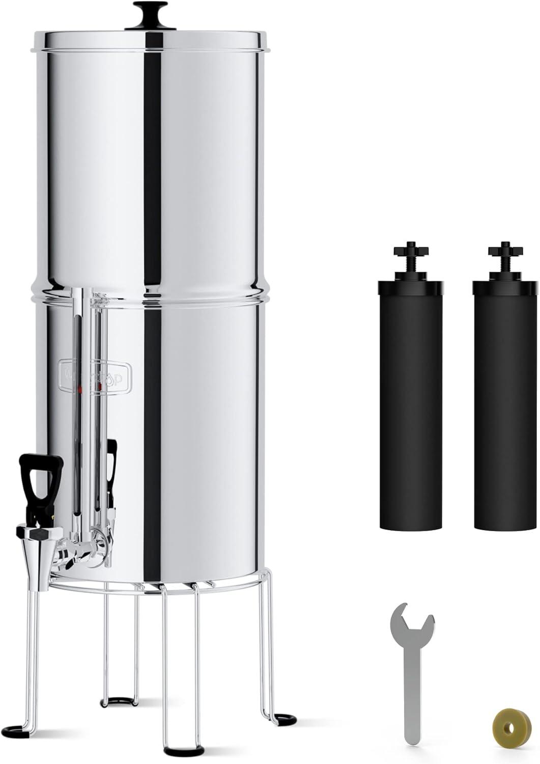 imageWaterdrop Gravityfed Water Filter System 225G StainlessSteel System with 4 Filters Metal Water Level Spigot and Stand NSFANSI 42ampamp372 Standard Reduces ChlorineKing Tank for Emergencies225G