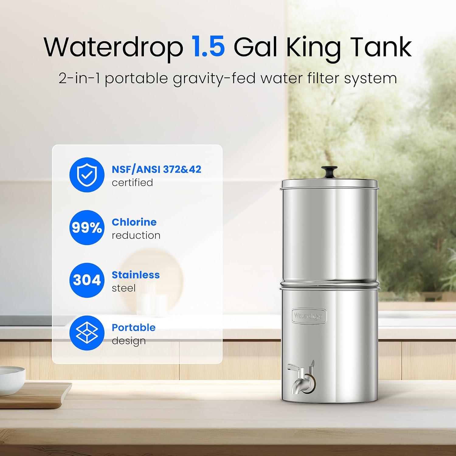 imageWaterdrop Gravityfed Water Filter System 225G StainlessSteel System with 4 Filters Metal Water Level Spigot and Stand NSFANSI 42ampamp372 Standard Reduces ChlorineKing Tank for Emergencies15G