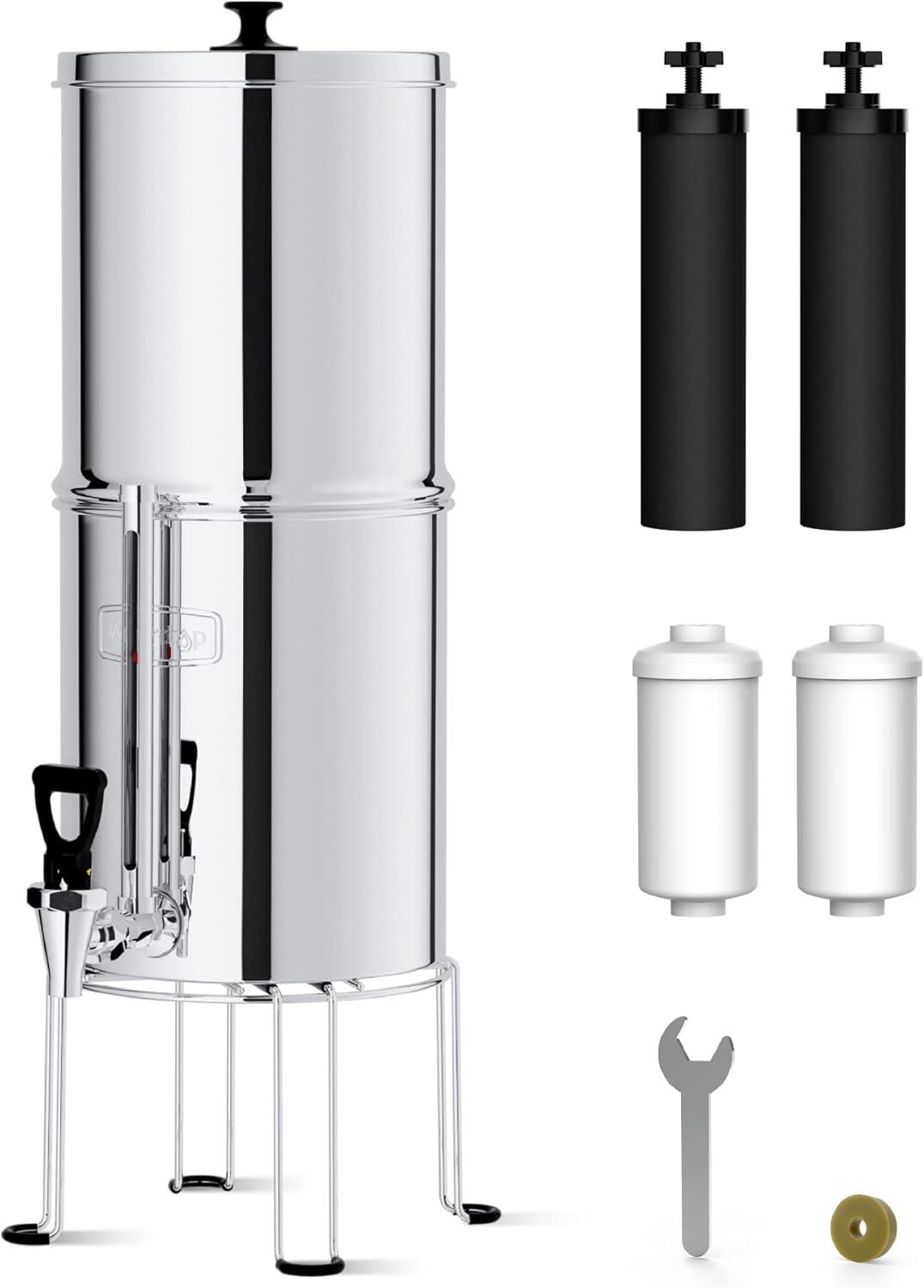 imageWaterdrop Gravityfed Water Filter System 225G StainlessSteel System with 4 Filters Metal Water Level Spigot and Stand NSFANSI 42ampamp372 Standard Reduces ChlorineKing Tank for Emergencies225G