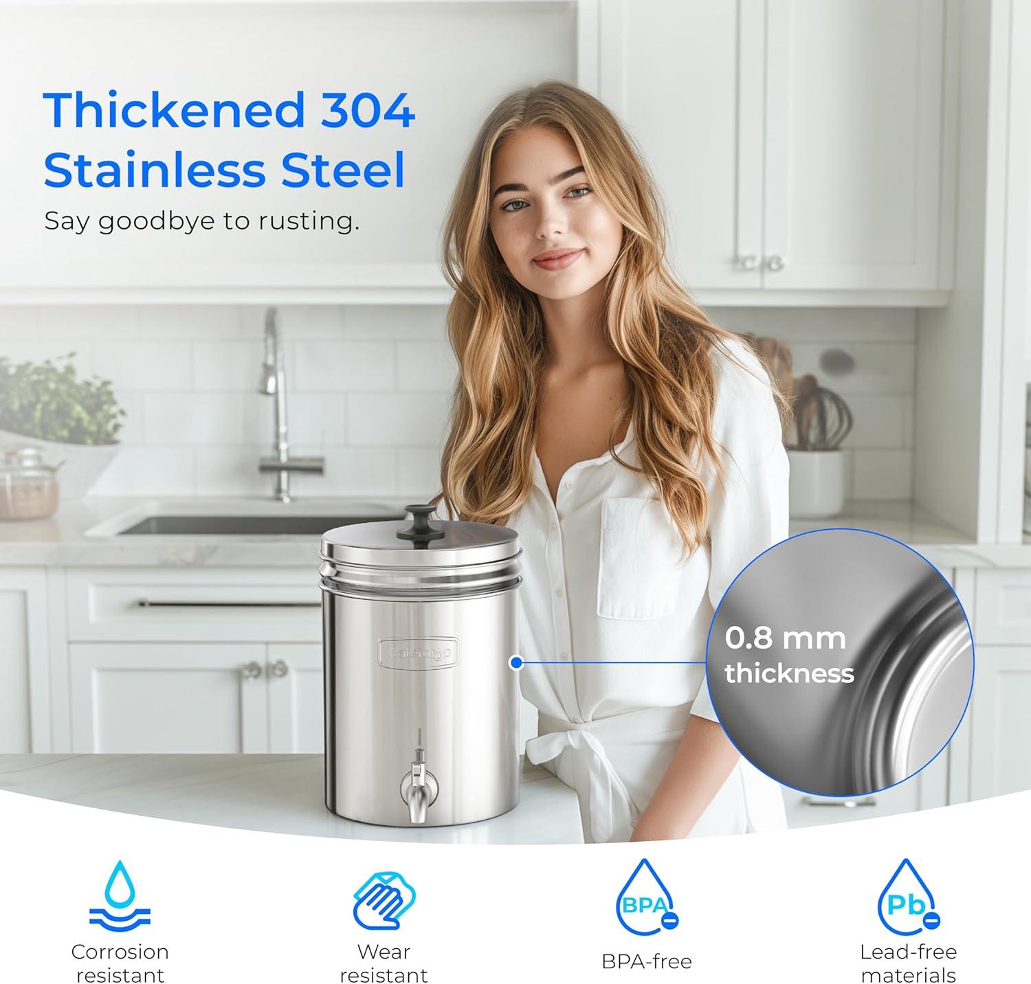 imageWaterdrop Gravityfed Water Filter System 225G StainlessSteel System with 4 Filters Metal Water Level Spigot and Stand NSFANSI 42ampamp372 Standard Reduces ChlorineKing Tank for Emergencies225G