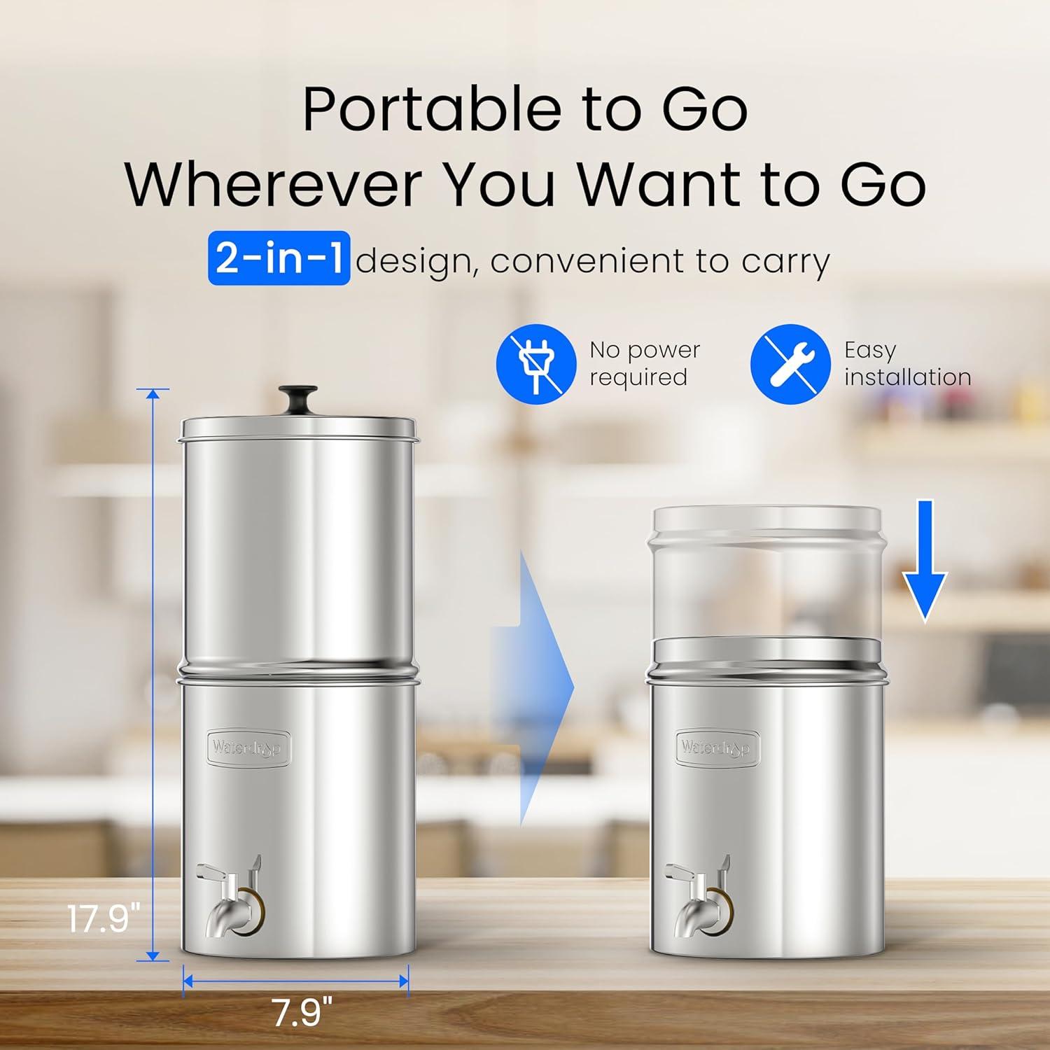 imageWaterdrop Gravityfed Water Filter System 225G StainlessSteel System with 4 Filters Metal Water Level Spigot and Stand NSFANSI 42ampamp372 Standard Reduces ChlorineKing Tank for Emergencies15G