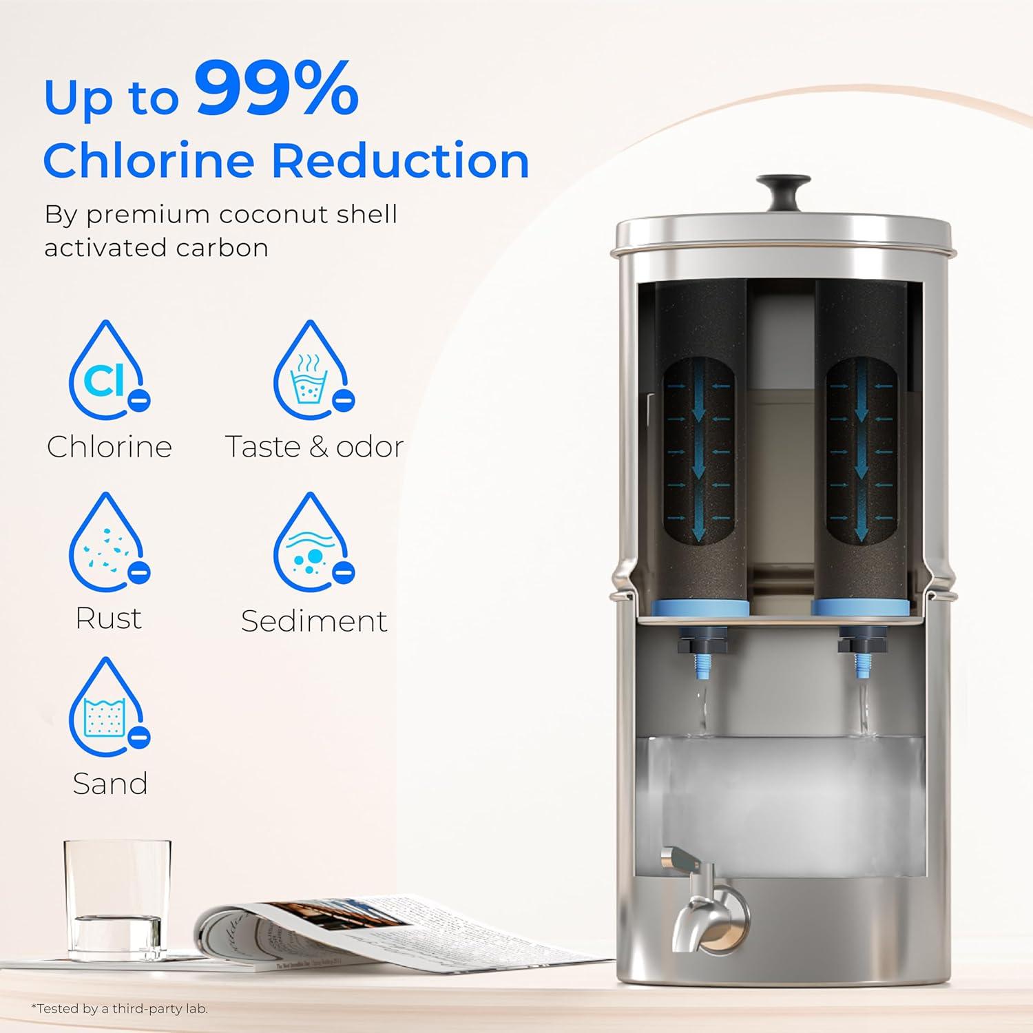 imageWaterdrop Gravityfed Water Filter System 225G StainlessSteel System with 4 Filters Metal Water Level Spigot and Stand NSFANSI 42ampamp372 Standard Reduces ChlorineKing Tank for Emergencies225G