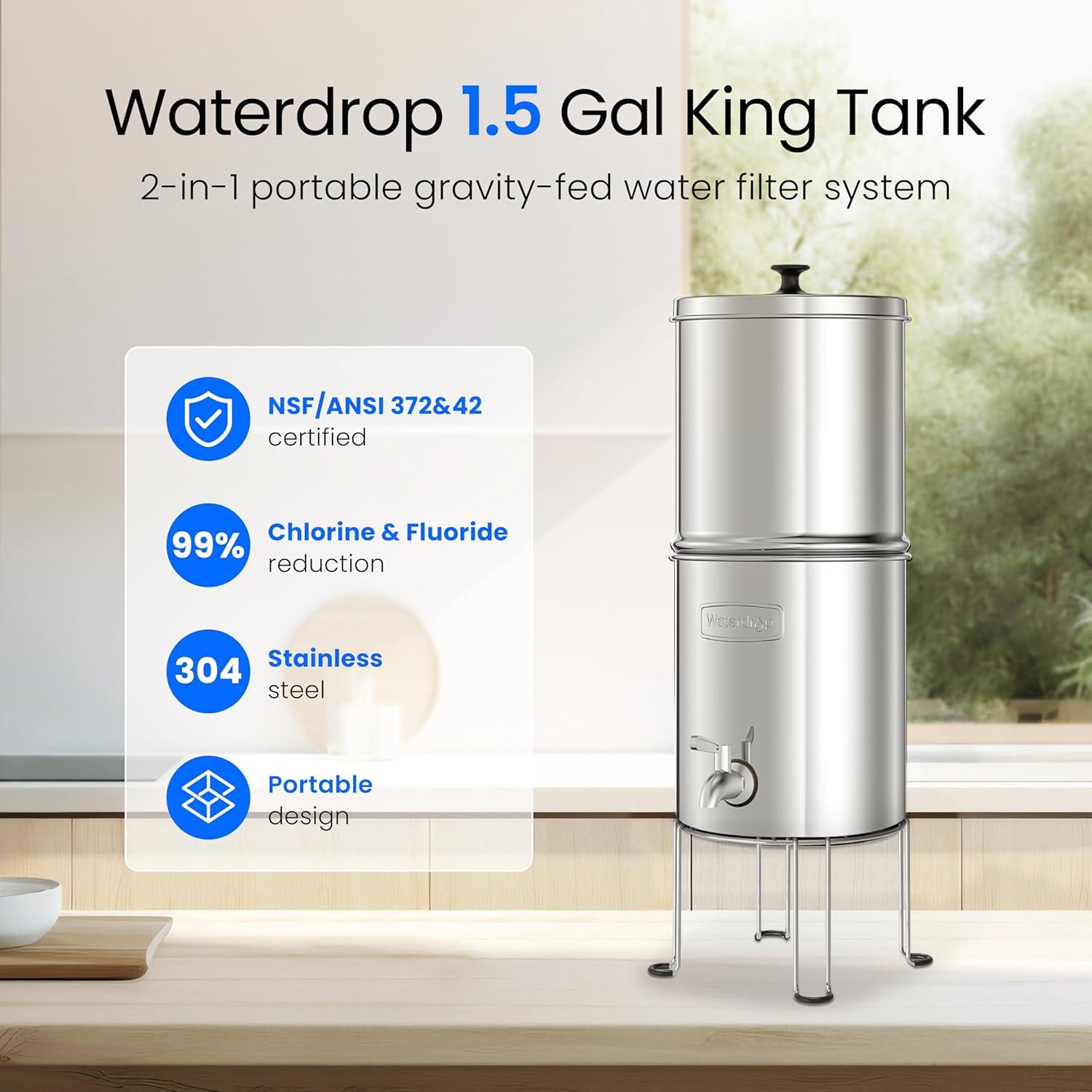 imageWaterdrop Gravityfed Water Filter System 225G StainlessSteel System with 4 Filters Metal Water Level Spigot and Stand NSFANSI 42ampamp372 Standard Reduces ChlorineKing Tank for Emergencies15G