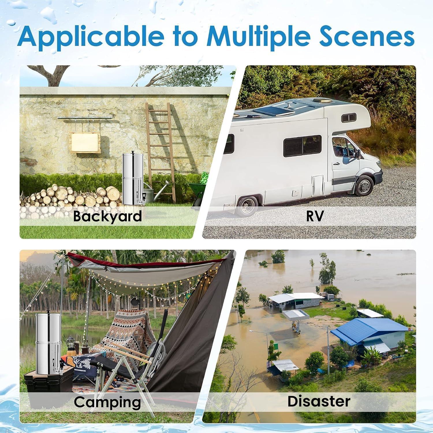 imageWaterdrop Gravityfed Water Filter System 225G StainlessSteel System with 4 Filters Metal Water Level Spigot and Stand NSFANSI 42ampamp372 Standard Reduces ChlorineKing Tank for Emergencies225G