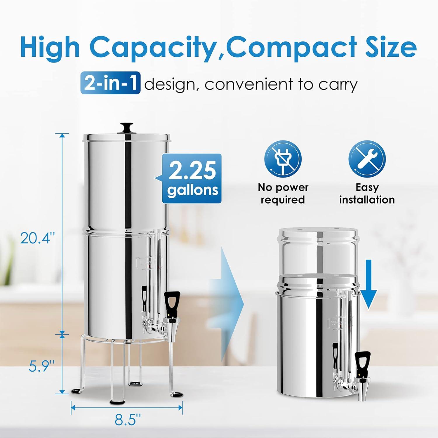 imageWaterdrop Gravityfed Water Filter System 225G StainlessSteel System with 4 Filters Metal Water Level Spigot and Stand NSFANSI 42ampamp372 Standard Reduces ChlorineKing Tank for Emergencies225G