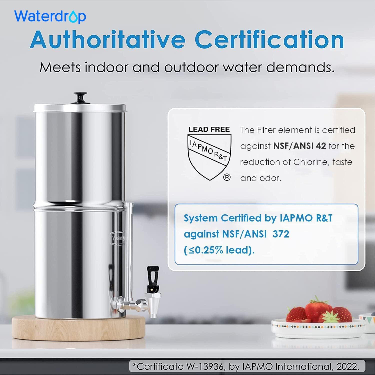 imageWaterdrop Gravityfed Water Filter System 225G StainlessSteel System with 4 Filters Metal Water Level Spigot and Stand NSFANSI 42ampamp372 Standard Reduces ChlorineKing Tank for Emergencies225G