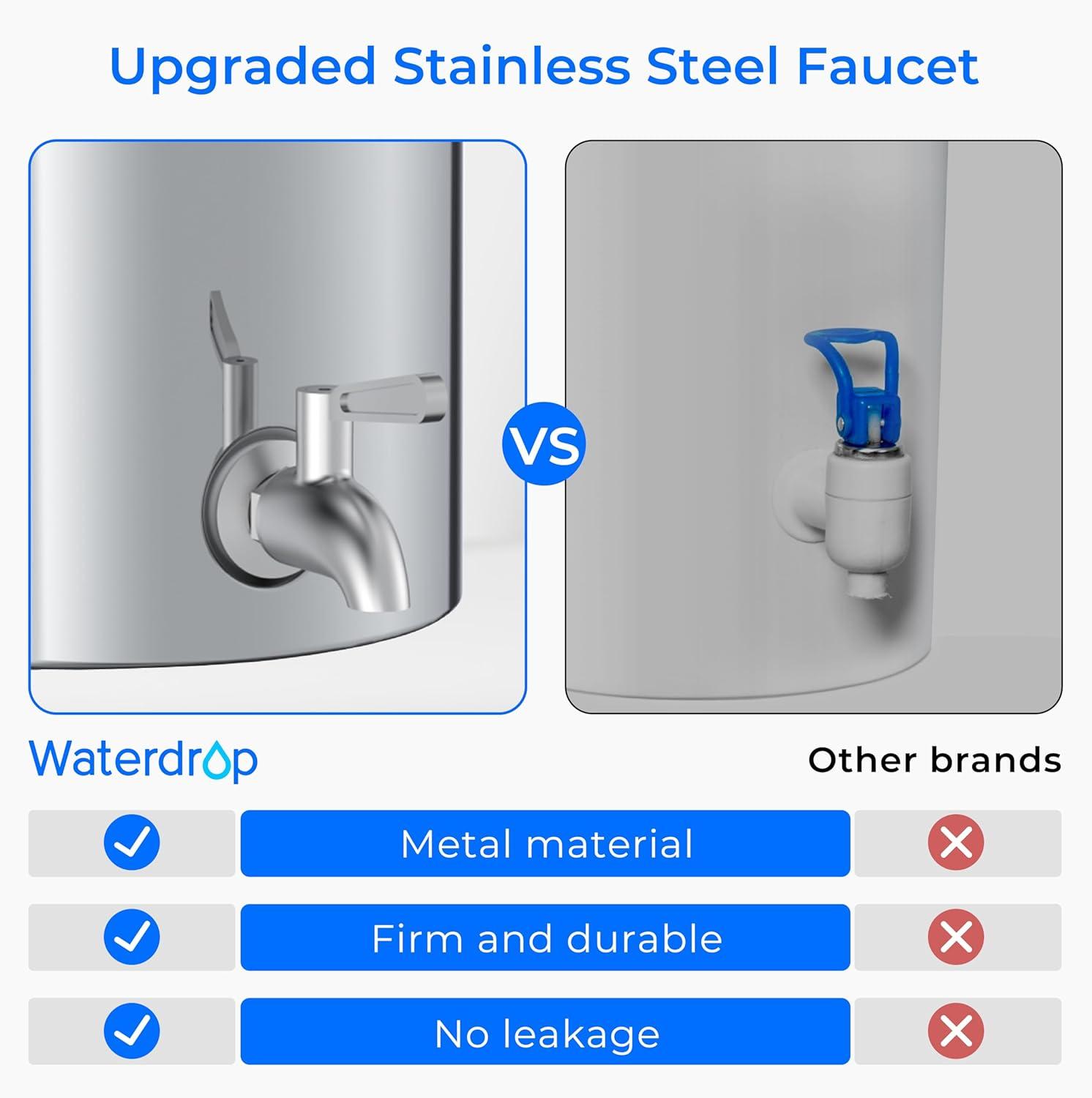 imageWaterdrop Gravityfed Water Filter System 225G StainlessSteel System with 4 Filters Metal Water Level Spigot and Stand NSFANSI 42ampamp372 Standard Reduces ChlorineKing Tank for Emergencies225G