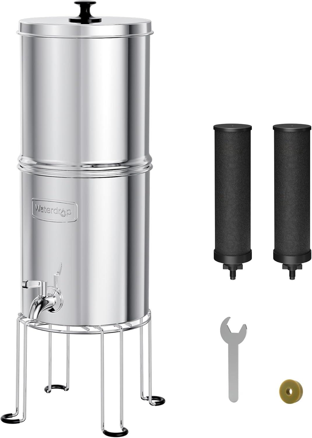 imageWaterdrop Gravityfed Water Filter System 225G StainlessSteel System with 4 Filters Metal Water Level Spigot and Stand NSFANSI 42ampamp372 Standard Reduces ChlorineKing Tank for Emergencies15G