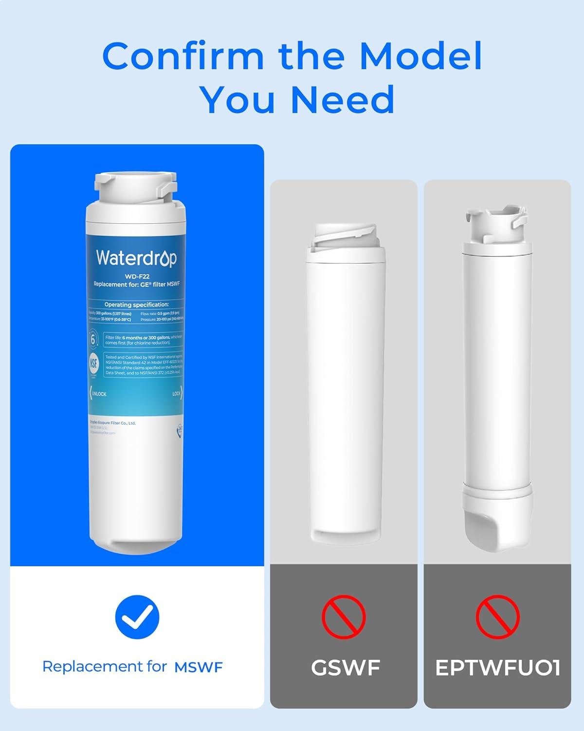 imageWaterdrop MSWF Refrigerator Water Filter Replacement for GE MSWF 101820A 101821B RWF1500A NSF 42ampamp372 Certified Pack of 3