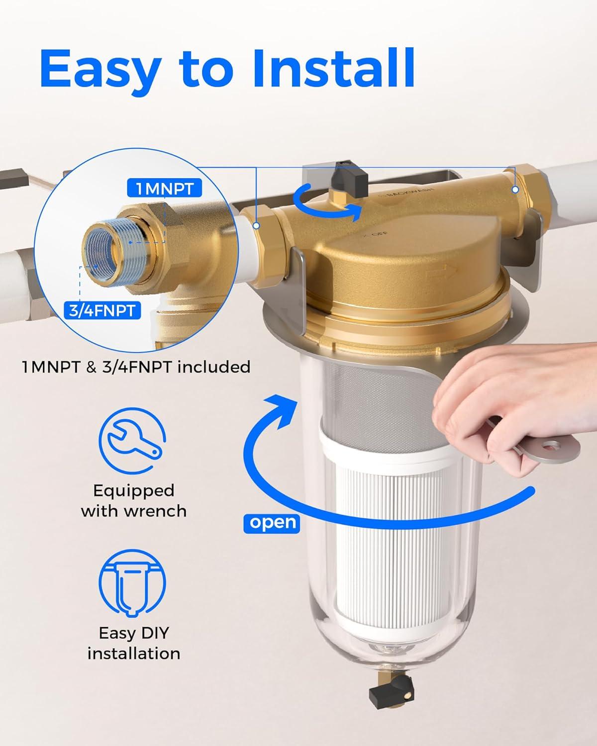imageWaterdrop Mega Spin Down Sediment Filter Reusable Whole House Water Filter System for City Water Backwash Sediment Water Filter System 100 Micron5 Micron PP Filter 1quot MNPT  34quot FNPT BPA FreeMega PP Pleated Filter