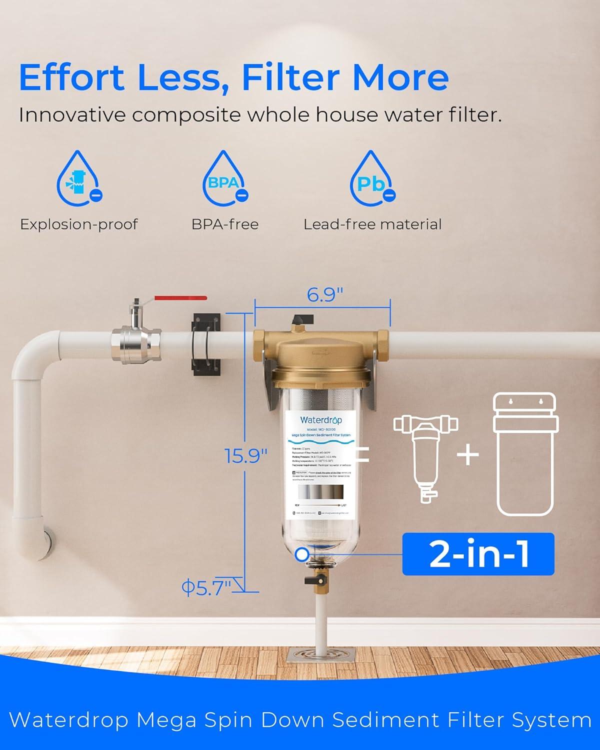 imageWaterdrop Mega Spin Down Sediment Filter Reusable Whole House Water Filter System for City Water Backwash Sediment Water Filter System 100 Micron5 Micron PP Filter 1quot MNPT  34quot FNPT BPA FreeMega PP Filter
