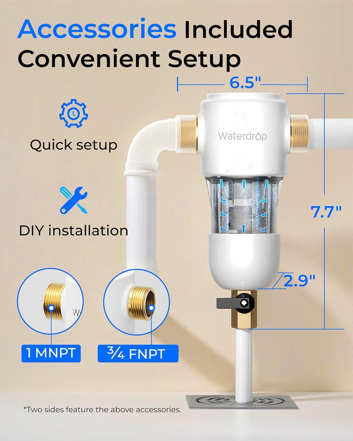 imageWaterdrop Mega Spin Down Sediment Filter Reusable Whole House Water Filter System for City Water Backwash Sediment Water Filter System 100 Micron5 Micron PP Filter 1quot MNPT  34quot FNPT BPA FreeStainless 50200 Micron Filter