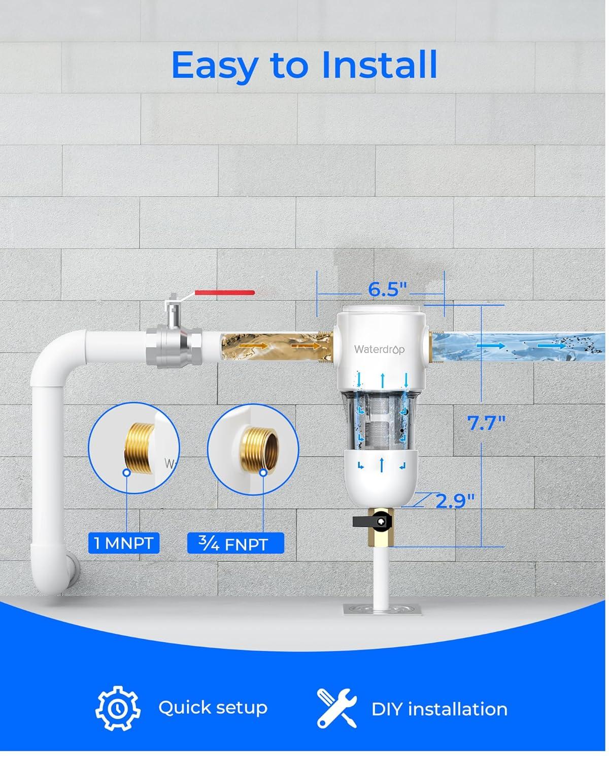 imageWaterdrop Mega Spin Down Sediment Filter Reusable Whole House Water Filter System for City Water Backwash Sediment Water Filter System 100 Micron5 Micron PP Filter 1quot MNPT  34quot FNPT BPA FreeStainless 50 Micron Filter