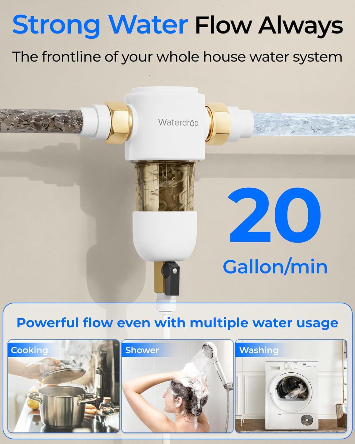 imageWaterdrop Mega Spin Down Sediment Filter Reusable Whole House Water Filter System for City Water Backwash Sediment Water Filter System 100 Micron5 Micron PP Filter 1quot MNPT  34quot FNPT BPA FreeStainless 50200 Micron Filter
