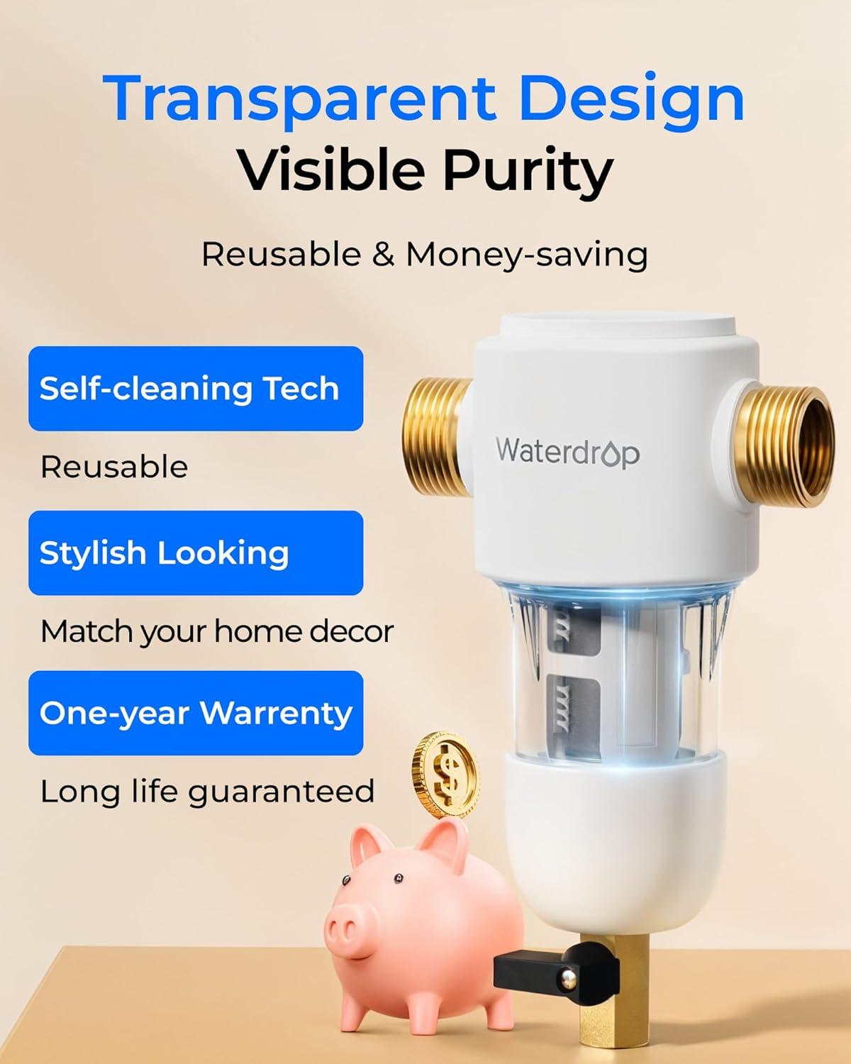 imageWaterdrop Mega Spin Down Sediment Filter Reusable Whole House Water Filter System for City Water Backwash Sediment Water Filter System 100 Micron5 Micron PP Filter 1quot MNPT  34quot FNPT BPA FreeStainless 50200 Micron Filter