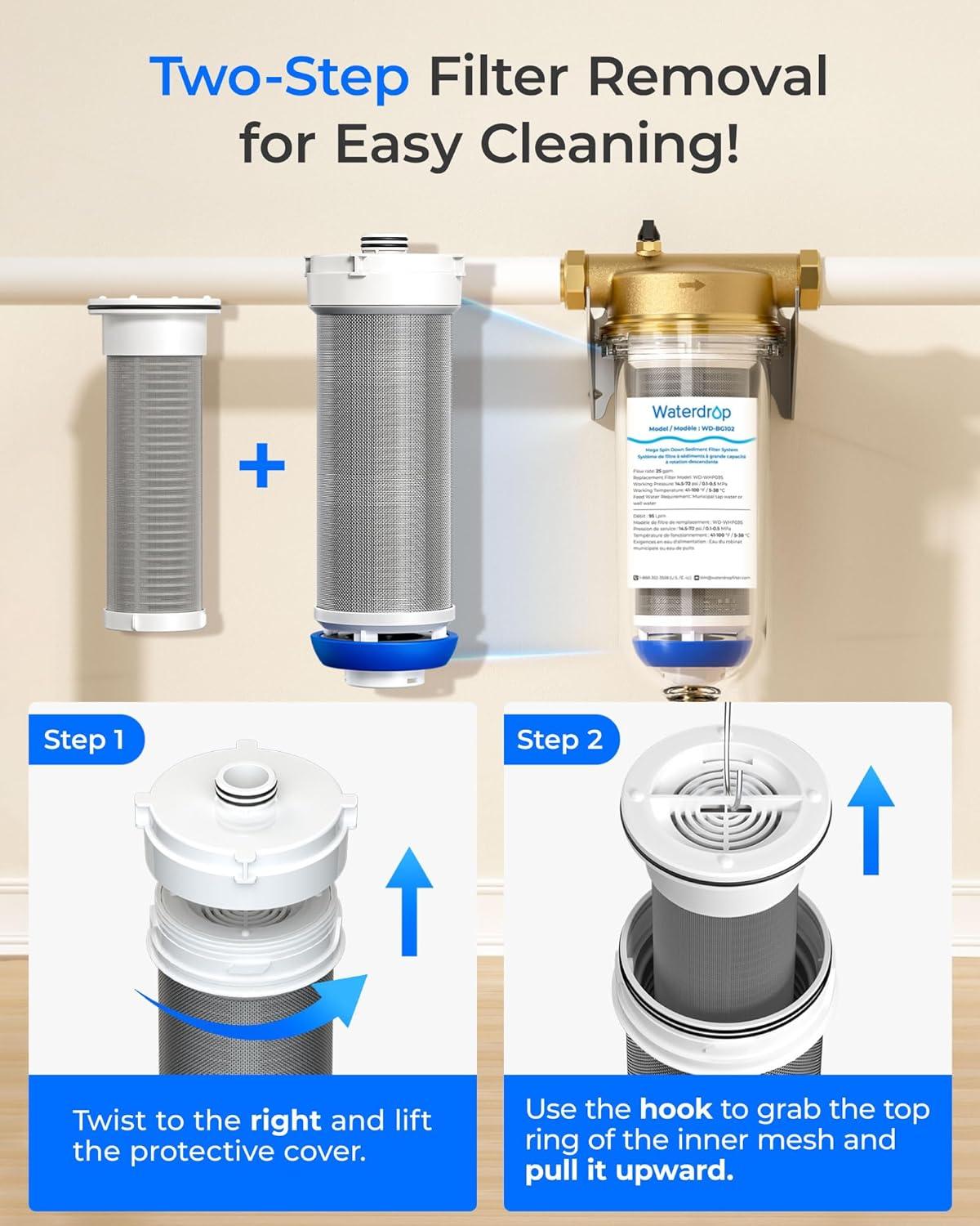 imageWaterdrop Mega Spin Down Sediment Filter Reusable Whole House Water Filter System for City Water Backwash Sediment Water Filter System 100 Micron5 Micron PP Filter 1quot MNPT  34quot FNPT BPA Free50100 Micron Filter