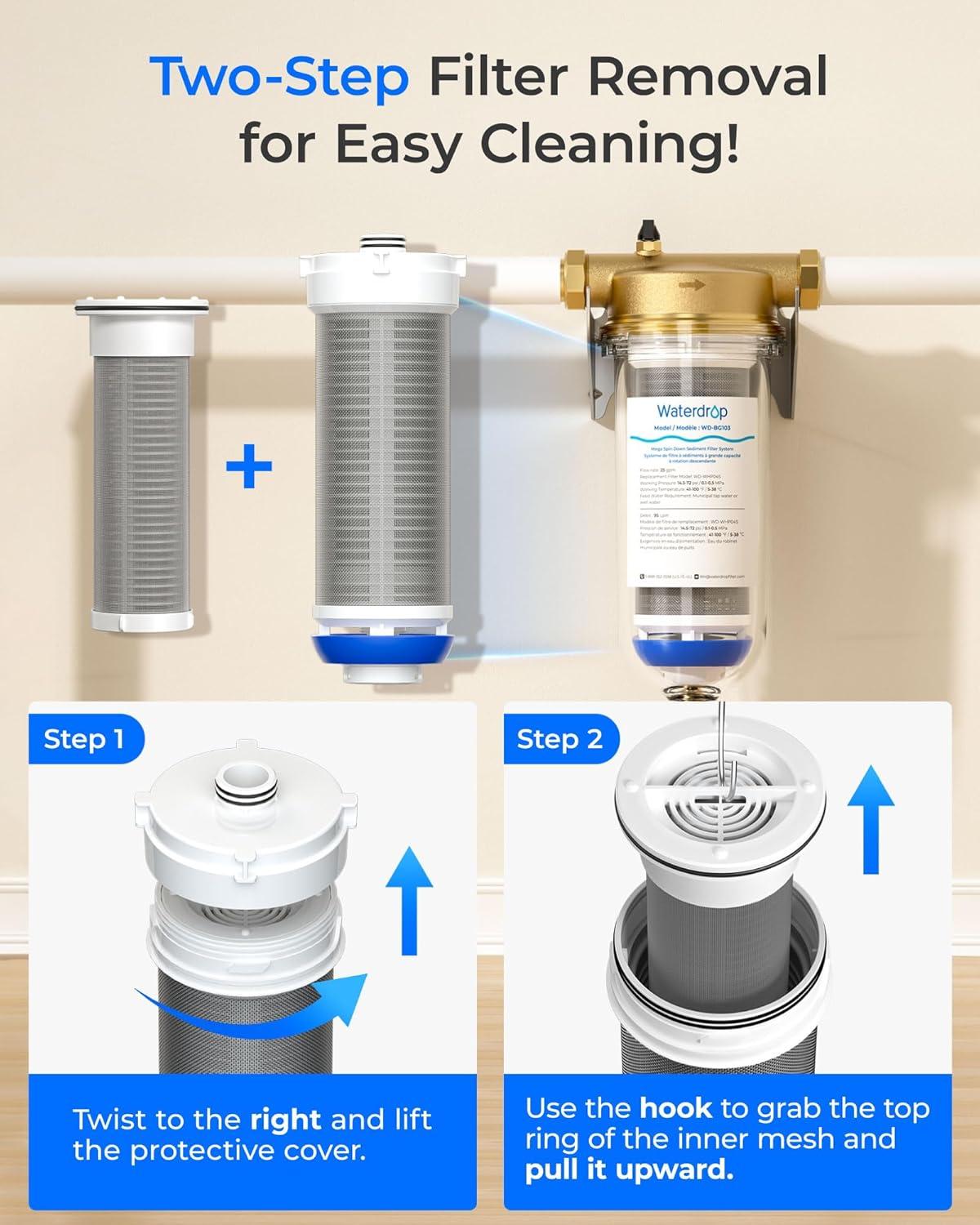 imageWaterdrop Mega Spin Down Sediment Filter Reusable Whole House Water Filter System for City Water Backwash Sediment Water Filter System 100 Micron5 Micron PP Filter 1quot MNPT  34quot FNPT BPA Free500200 Micron Filter