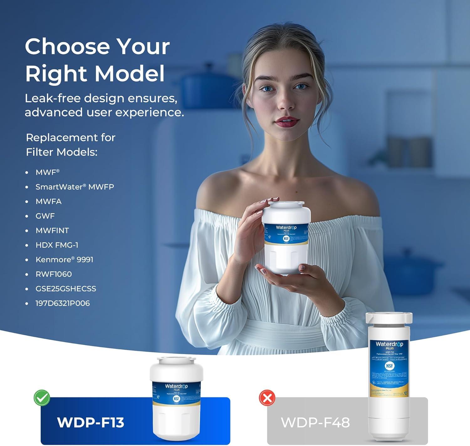 imageWaterdrop Plus WDPF13 Reduce LeadampampPFAS Replacement for GE MWF SmartWater MWFP HDX FMG1 MWFA WFC1201 RWF0600A Kenmore 469991 Refrigerator Water FilterPackage May Vary