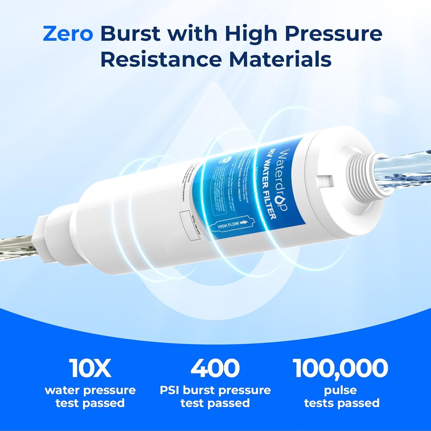 imageWaterdrop RVMarine Water Filter Camper Water Filter NSF Certified Garden Hose Filter Greatly Reduces Chlorine Bad Taste Odor 2 PackFilter 4 Pack with 2 Hose Protector