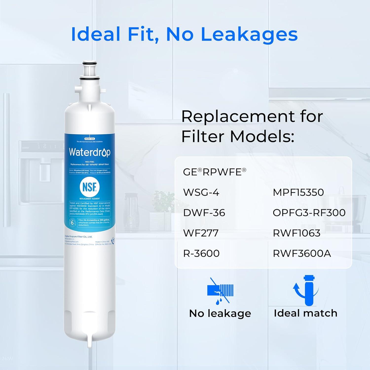 imageWaterdrop Replacement for GE RPWFE RPWF Builtin CHIP Refrigerator Water Filter Compatible with GFE28GYNFS GFE28GELDS PFE28KELDS PFE28KYNFS GFD28GELDS PWE23KELDS PWE23KMKESBasic