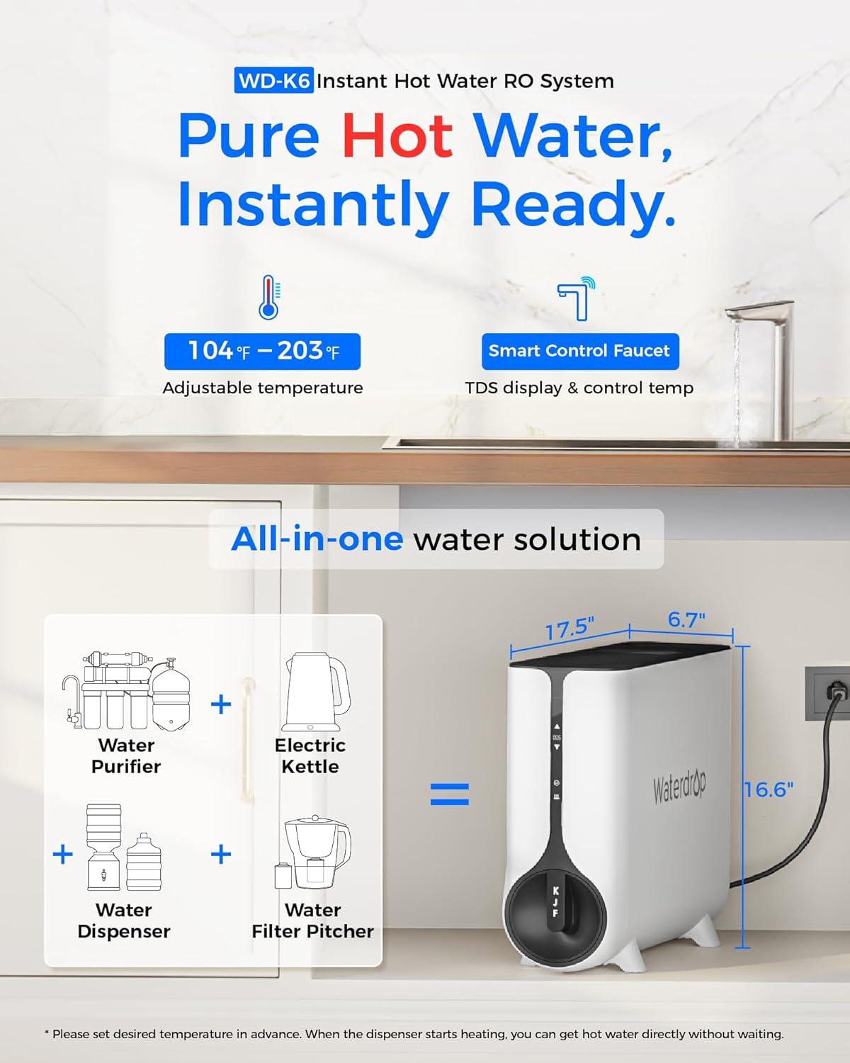 imageWaterdrop Reverse Osmosis System Instant Hot Water Dispenser 600 GPD Reduce PFAS Tankless 21 Pure to Drain Under Sink TDS Reduction Smart LED Faucet Hot and Cold Water Dispenser FaucetBlack