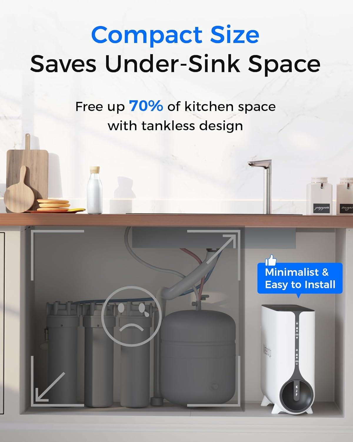 imageWaterdrop Reverse Osmosis System Instant Hot Water Dispenser 600 GPD Reduce PFAS Tankless 21 Pure to Drain Under Sink TDS Reduction Smart LED Faucet Hot and Cold Water Dispenser FaucetBlack