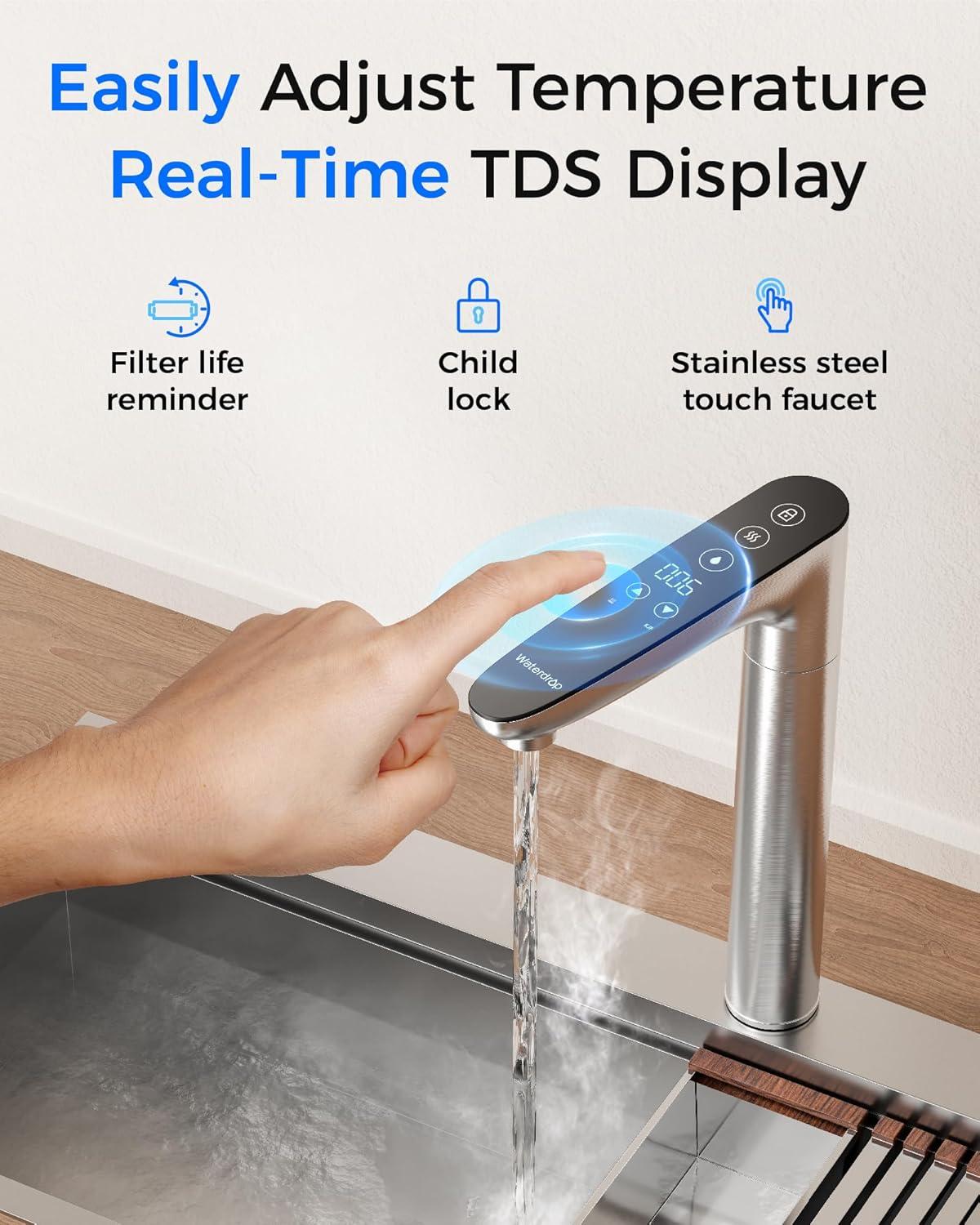 imageWaterdrop Reverse Osmosis System Instant Hot Water Dispenser 600 GPD Reduce PFAS Tankless 21 Pure to Drain Under Sink TDS Reduction Smart LED Faucet Hot and Cold Water Dispenser FaucetBlack